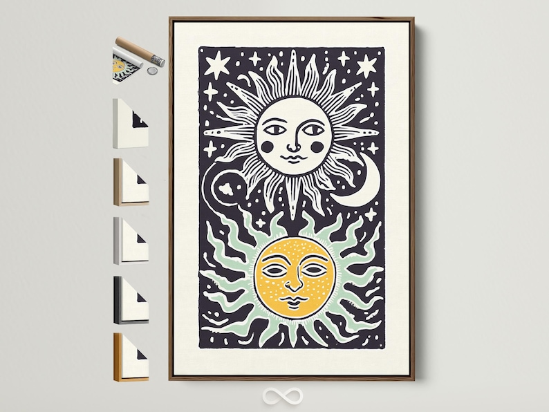 Sun and moon celestial artwork with a white sun face and a yellow moon face on a dark background