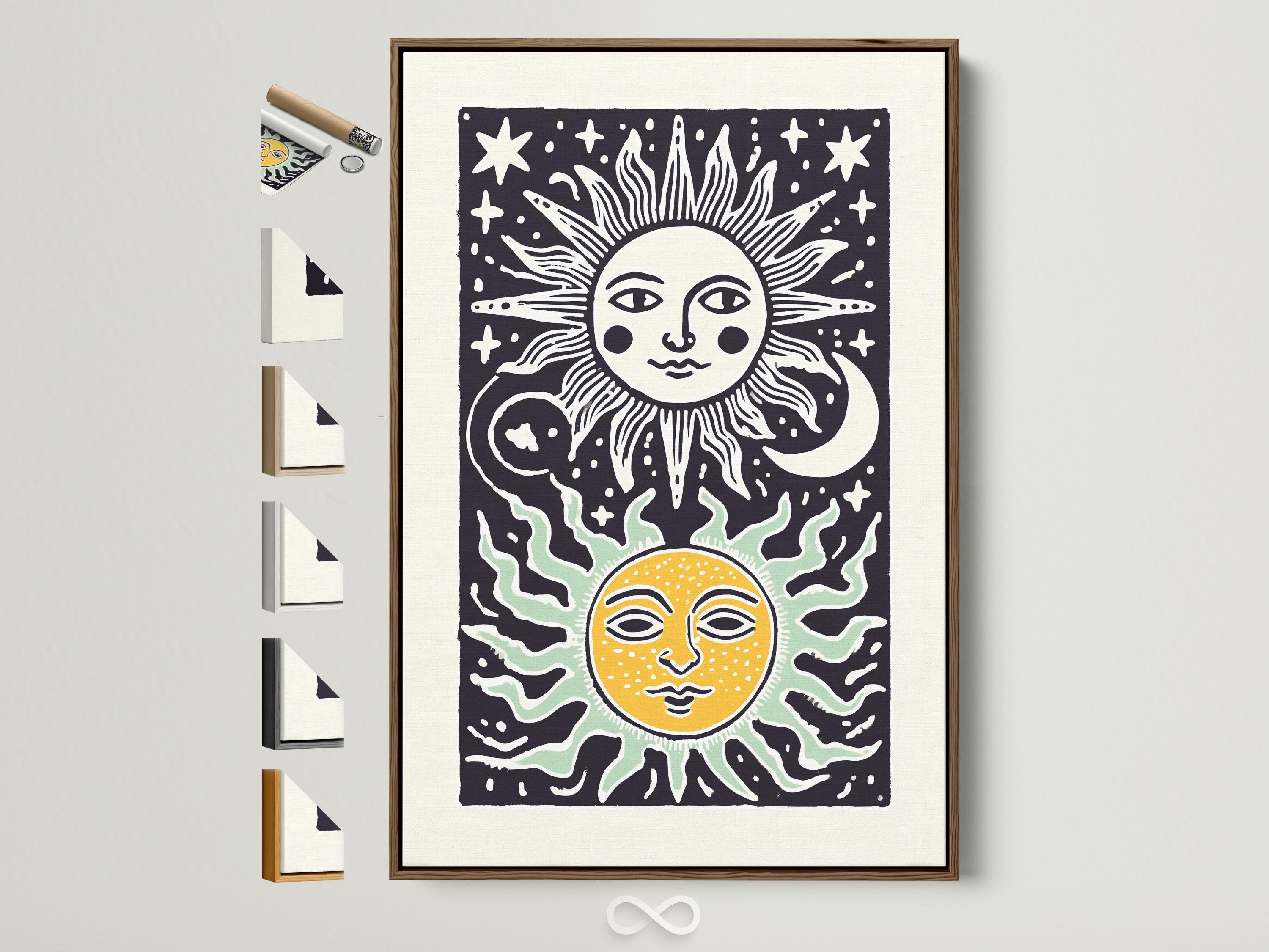 Sun and moon celestial artwork with a white sun face and a yellow moon face on a dark background