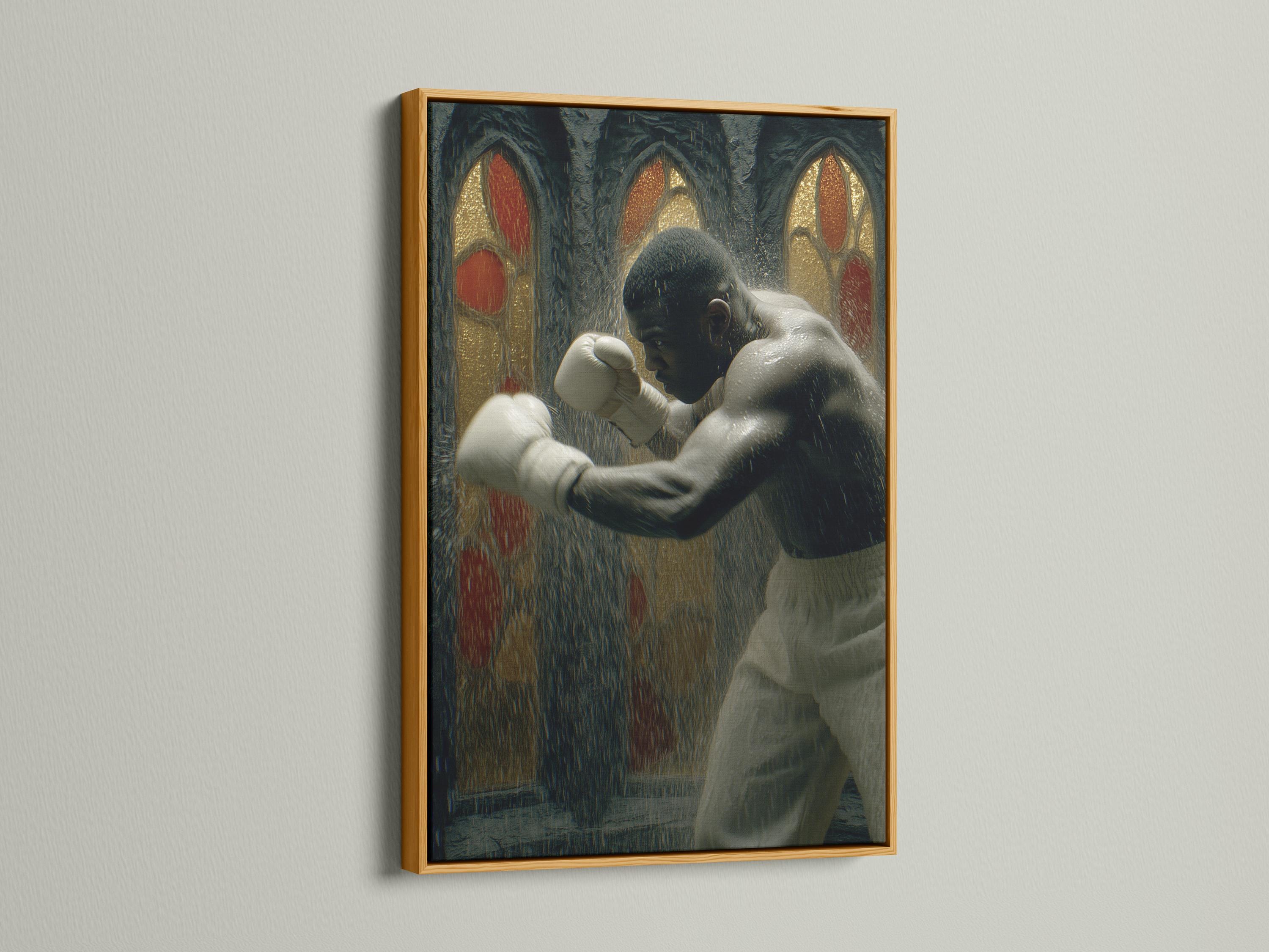 Boxer throwing a punch in a dark gothic scene with white gloves, gold highlights and red oval halos detail view
