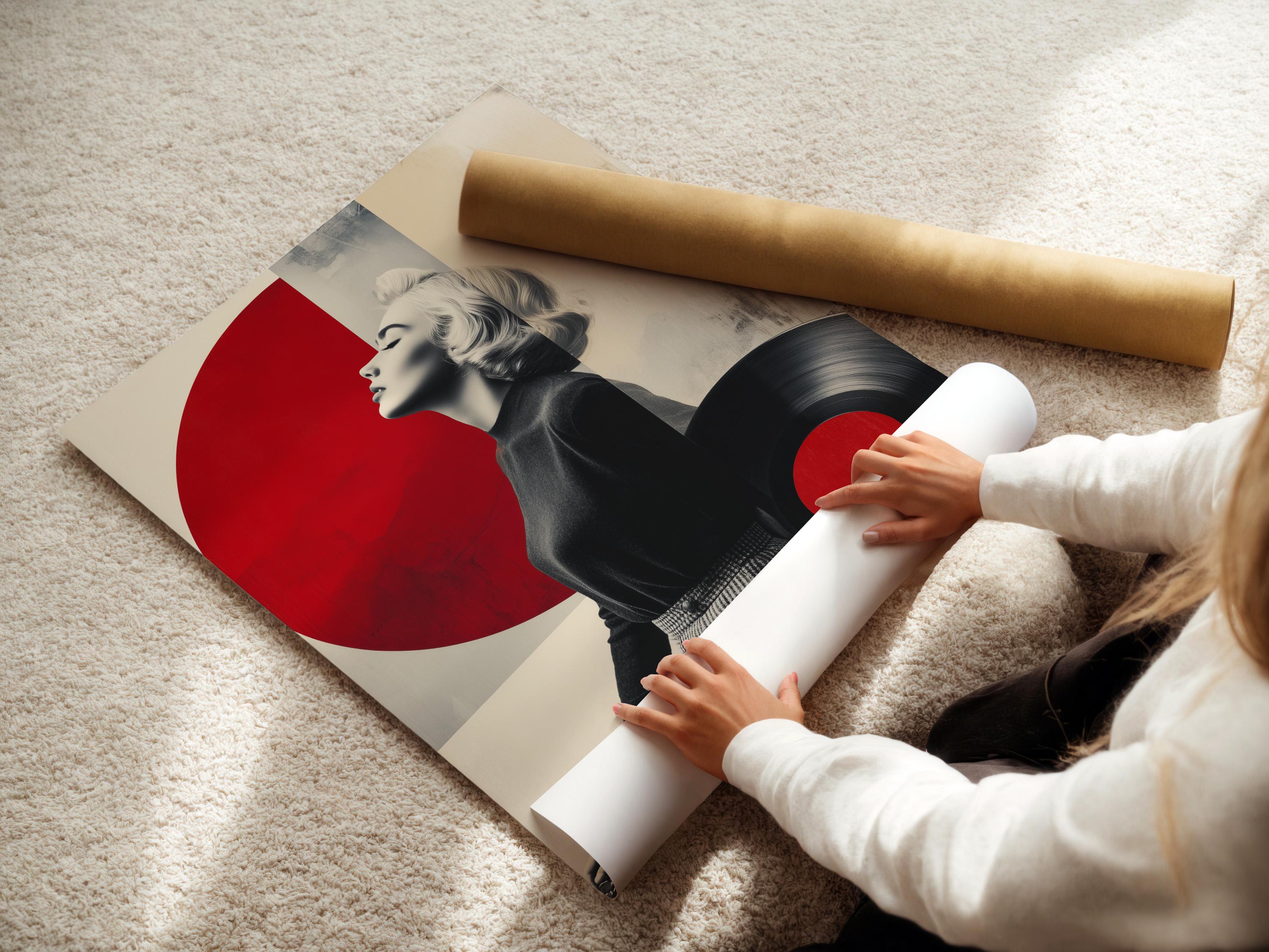 Monochrome portrait of a blonde woman with large red vinyl circle accents and a turntable detail view
