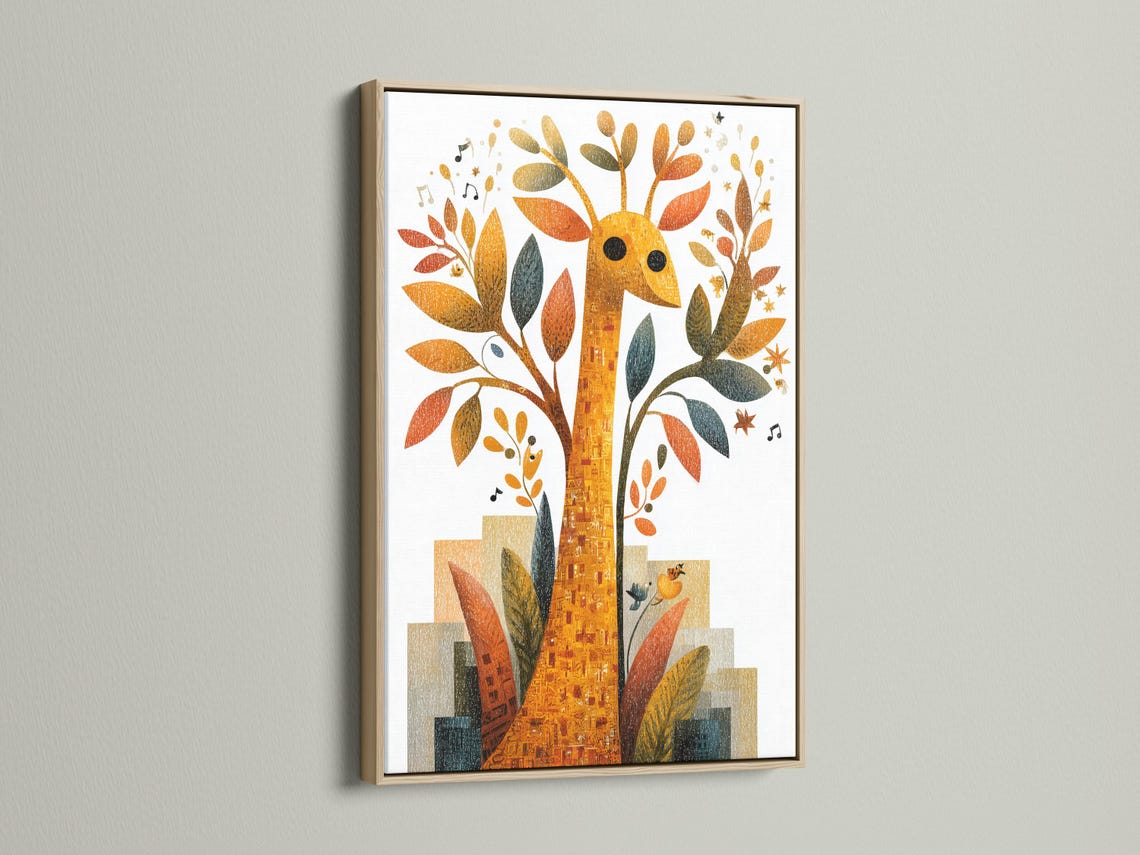 Framed giraffe and tree illustration with gold, orange and teal leaves plus music notes detail view