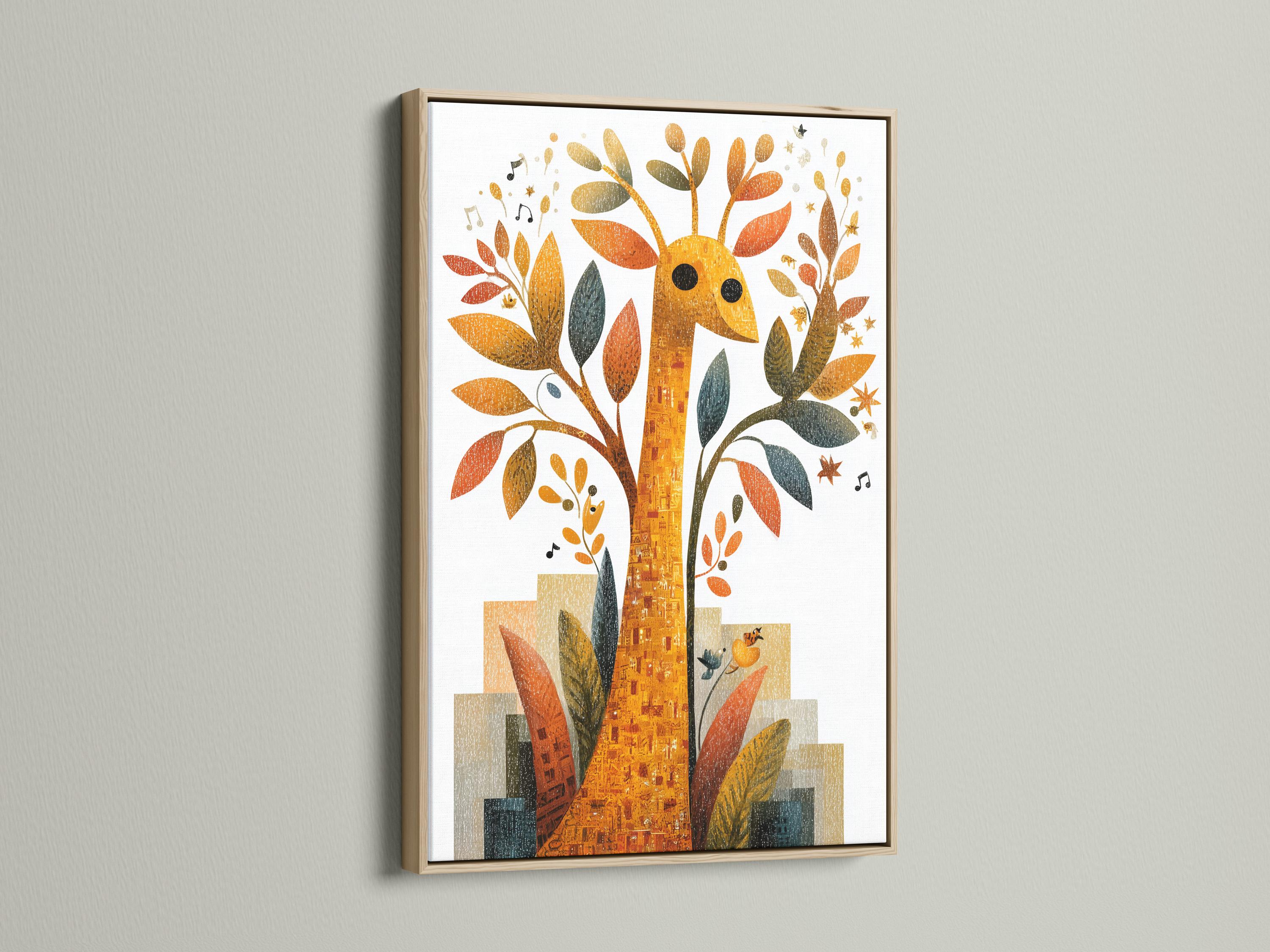 Framed giraffe and tree illustration with gold, orange and teal leaves plus music notes detail view