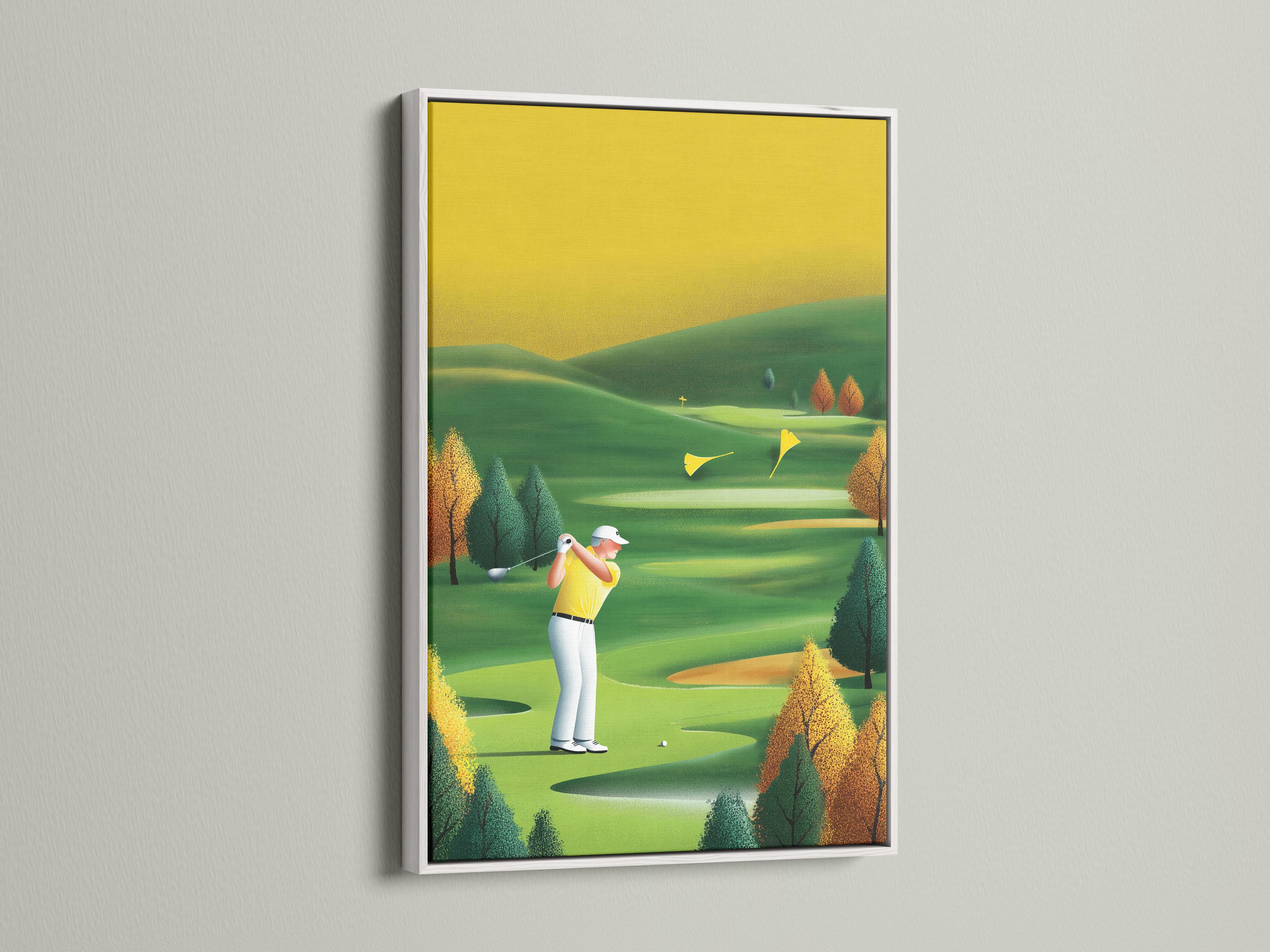 A stylised golf course scene with a golfer mid-swing and rolling green fairways detail view