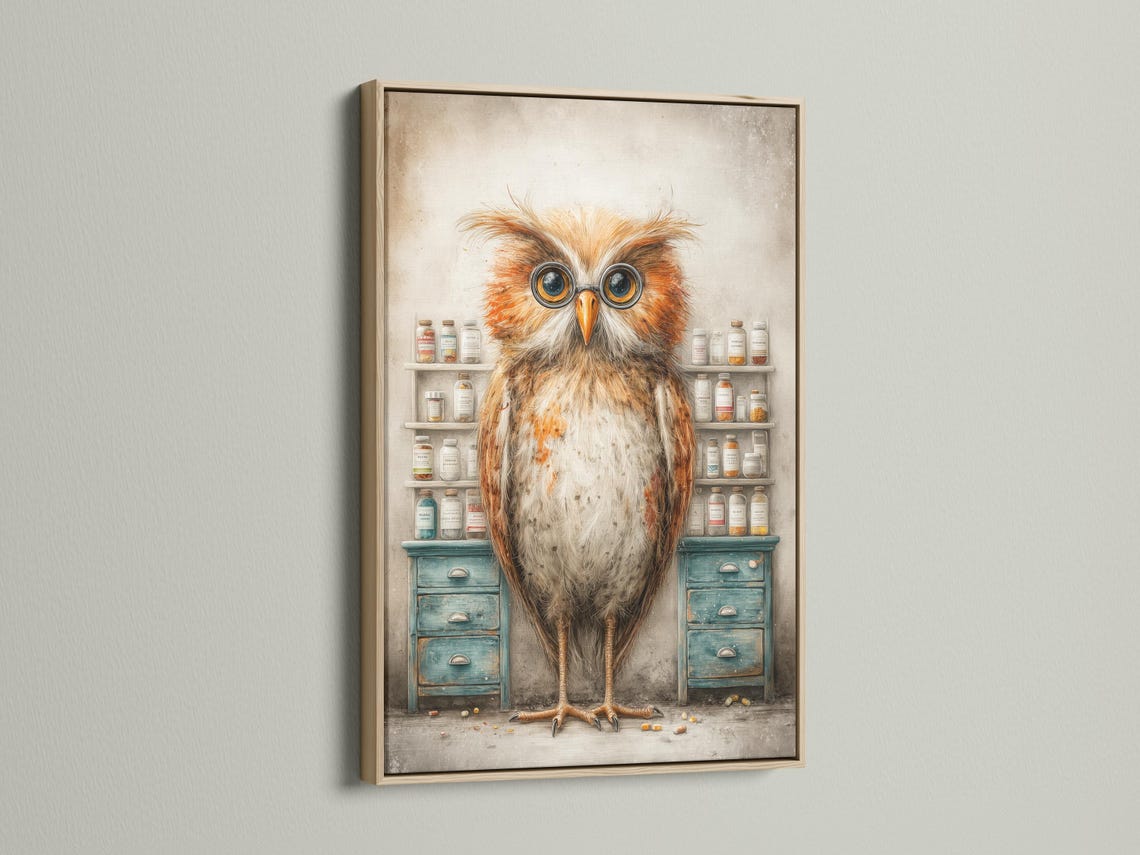 Bespectacled owl with round glasses in a vintage apothecary scene with shelves of jars and teal drawers detail view