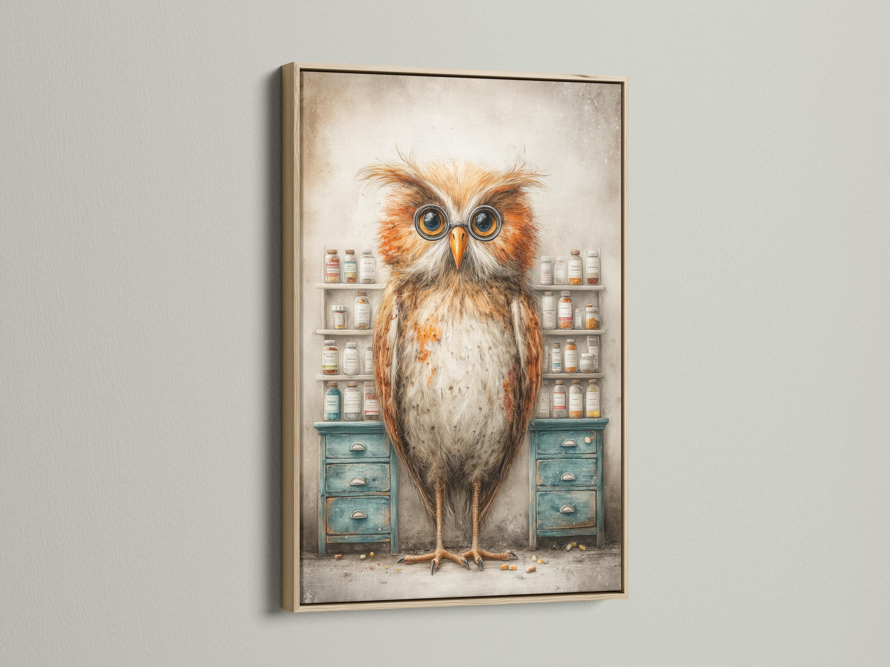 Bespectacled owl with round glasses in a vintage apothecary scene with shelves of jars and teal drawers detail view