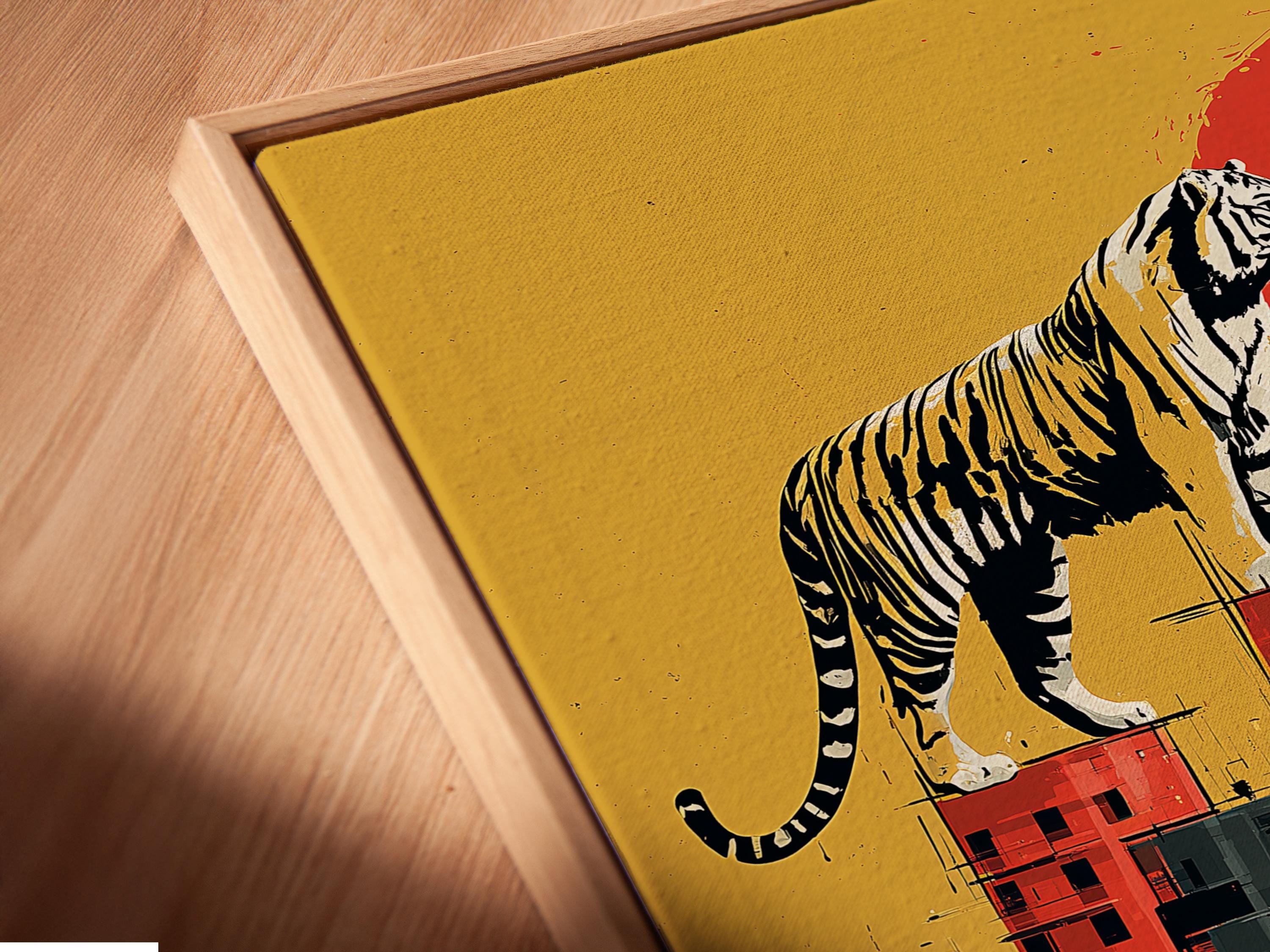 Stylised tiger standing above a blocky cityscape with mirrored reflections in ochre and red detail view