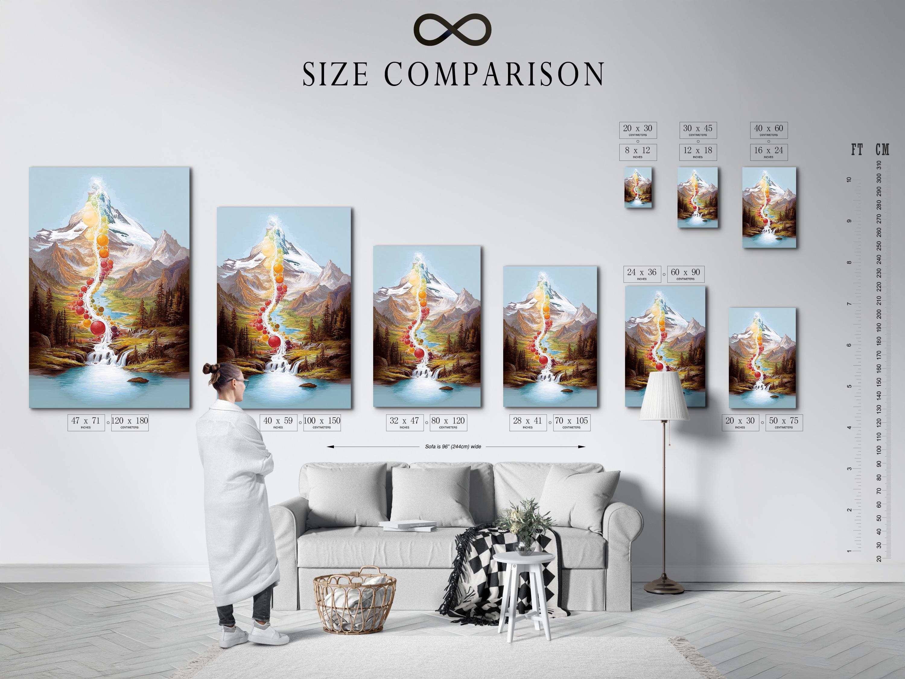 Room mockup showing a framed rainbow mountain waterfall artwork on a wall