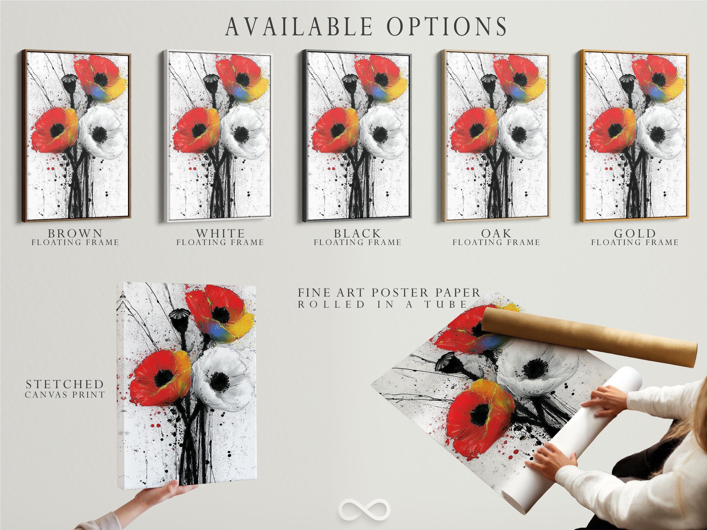 Stylised red poppy flower with black stems on a white speckled background detail view