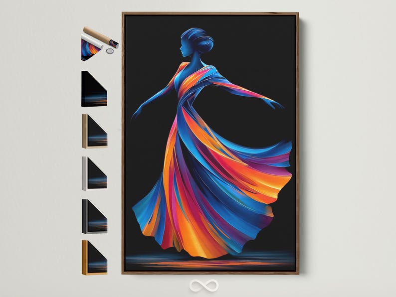 Abstract woman profile silhouette with flowing rainbow ribbon hair on a dark background