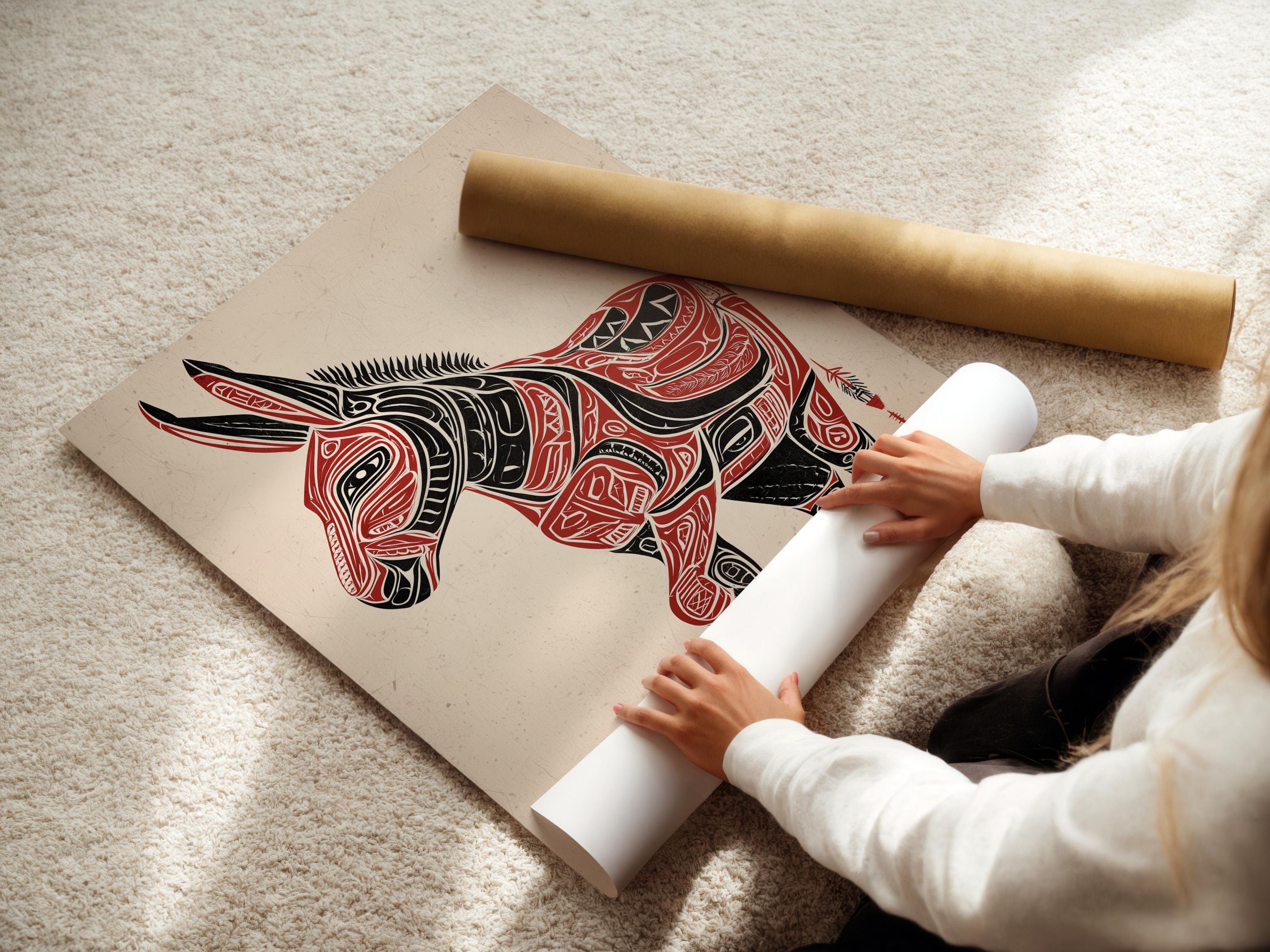 Stylised donkey illustration in black and red with patterned line details on an off-white textured background detail view