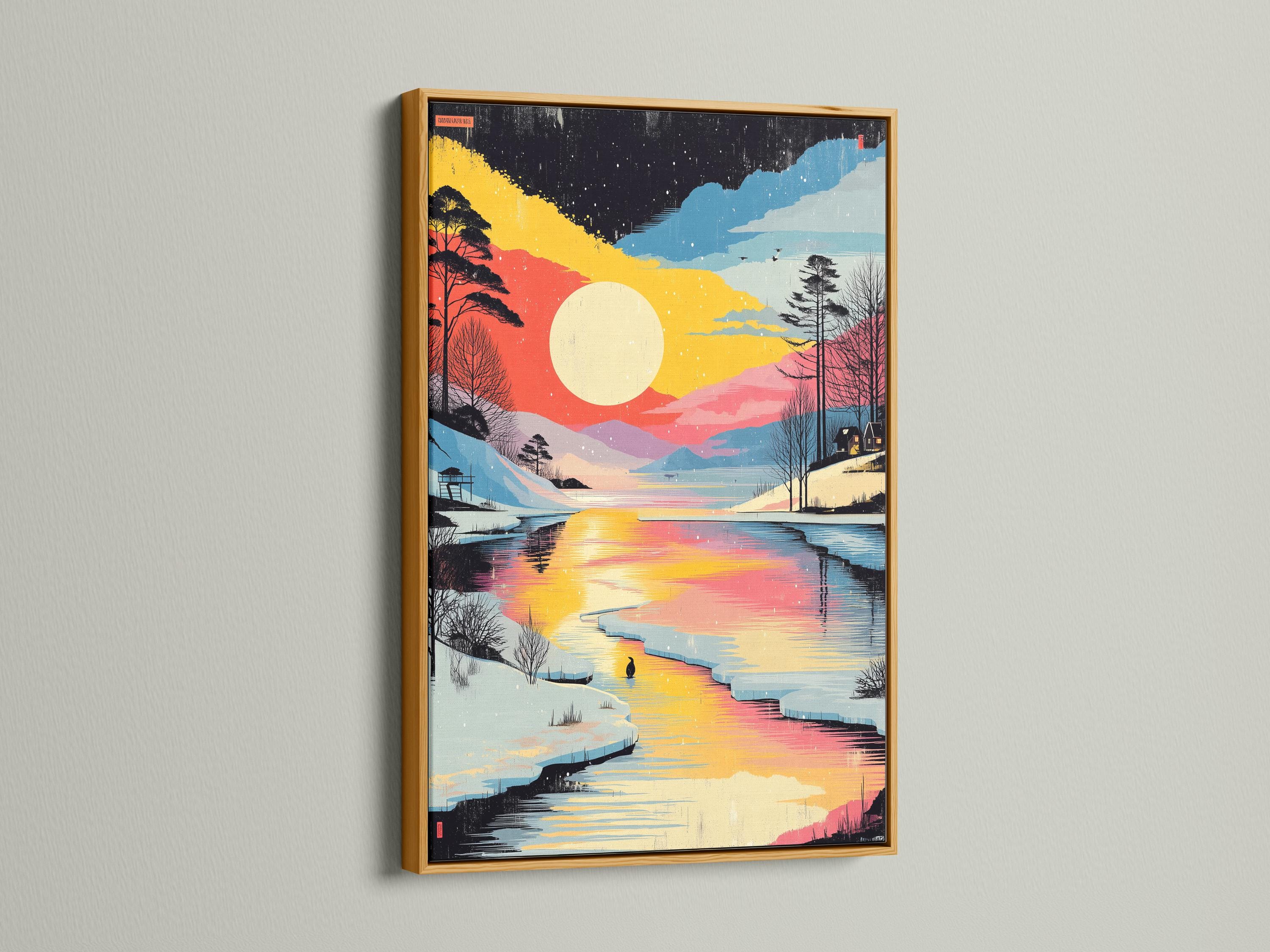 Sunlit winter lake landscape with snowy trees and glowing sun over frozen water detail view