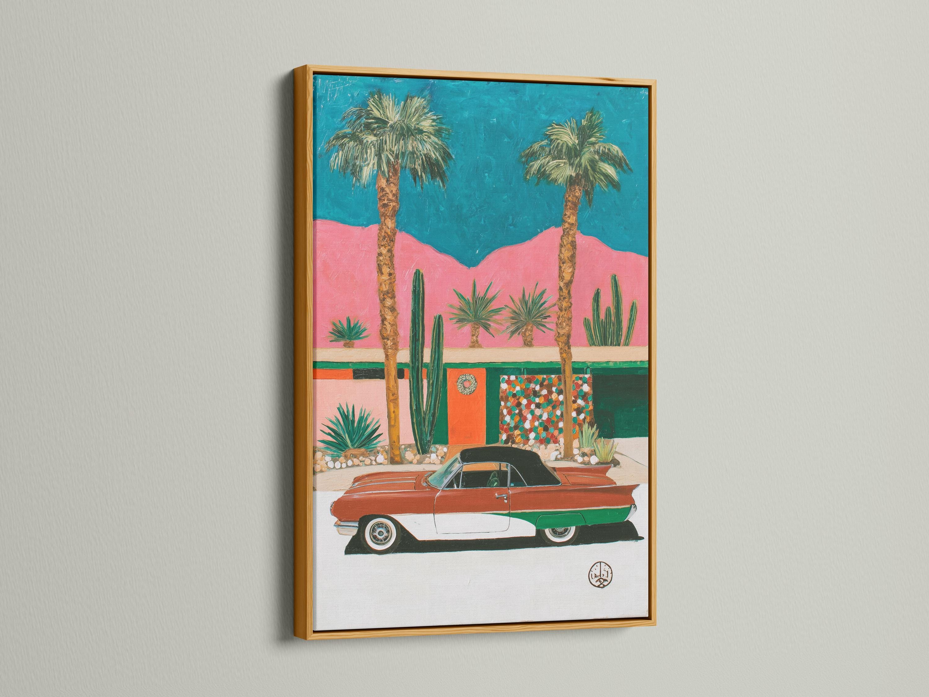 Retro car in a desert scene with palm trees, cacti, and teal and pink background detail view