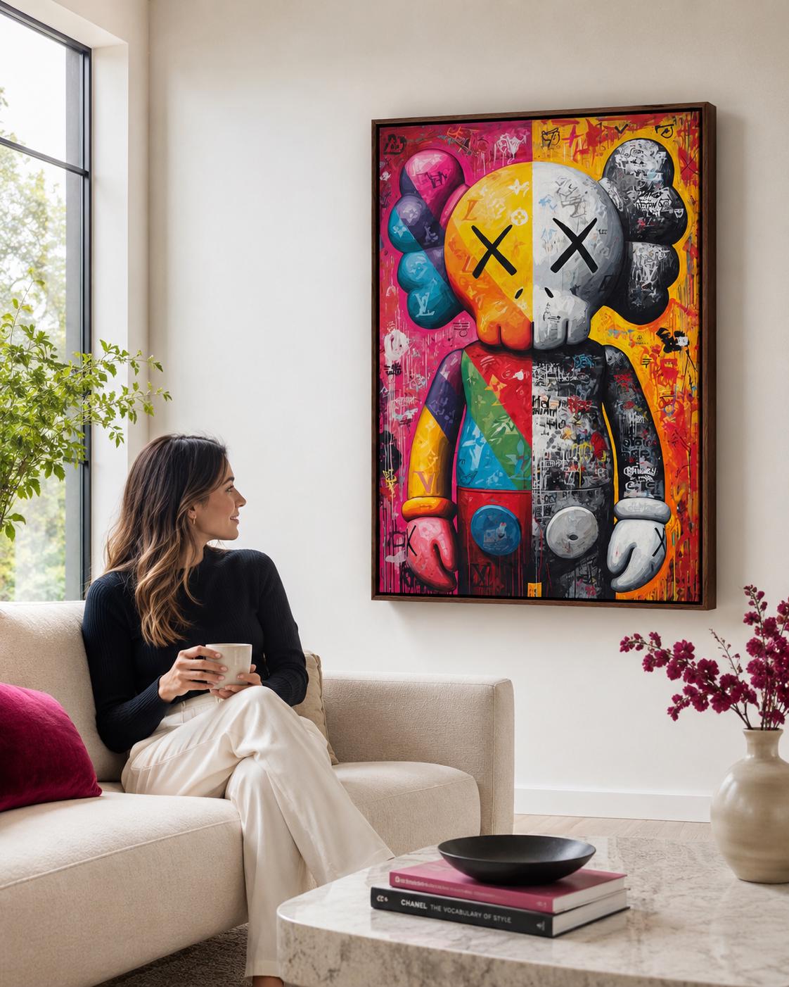 Vibrant graffiti pop art portrait with hot pink, yellow, blue and black-and-white sections detail view