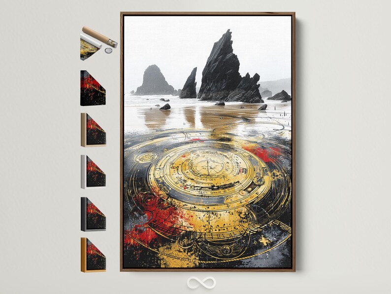 Moody seascape with dark rocks and a large ornate gold compass with red accents