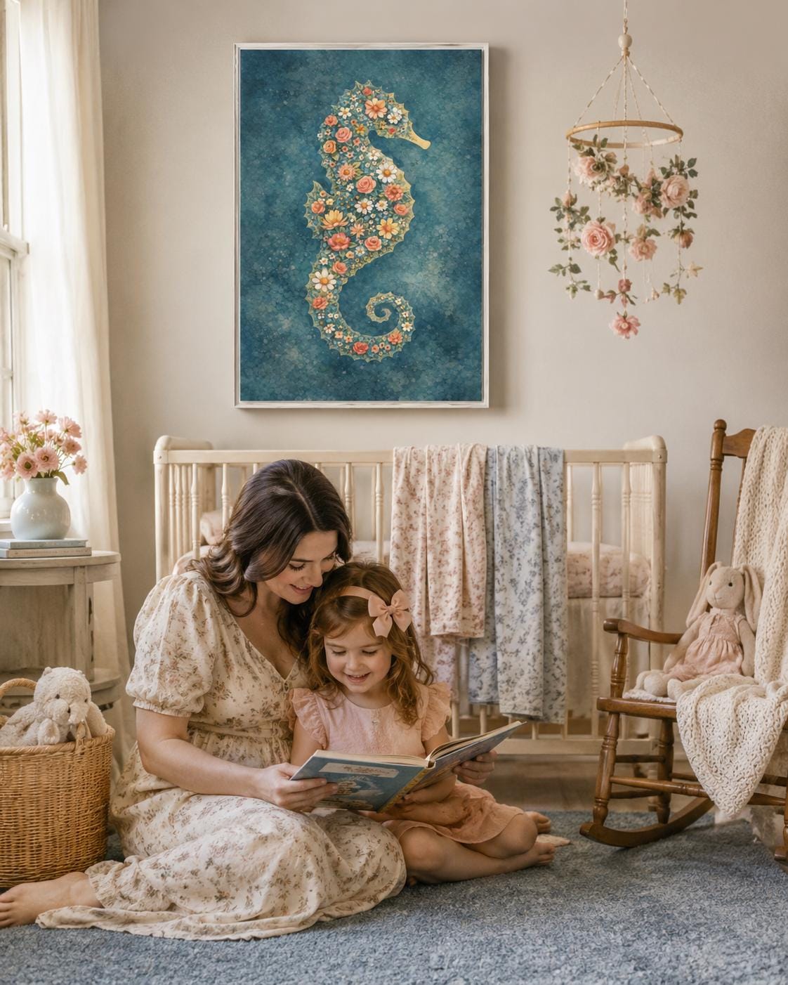 Room mockup showing a framed floral seahorse artwork above a sofa