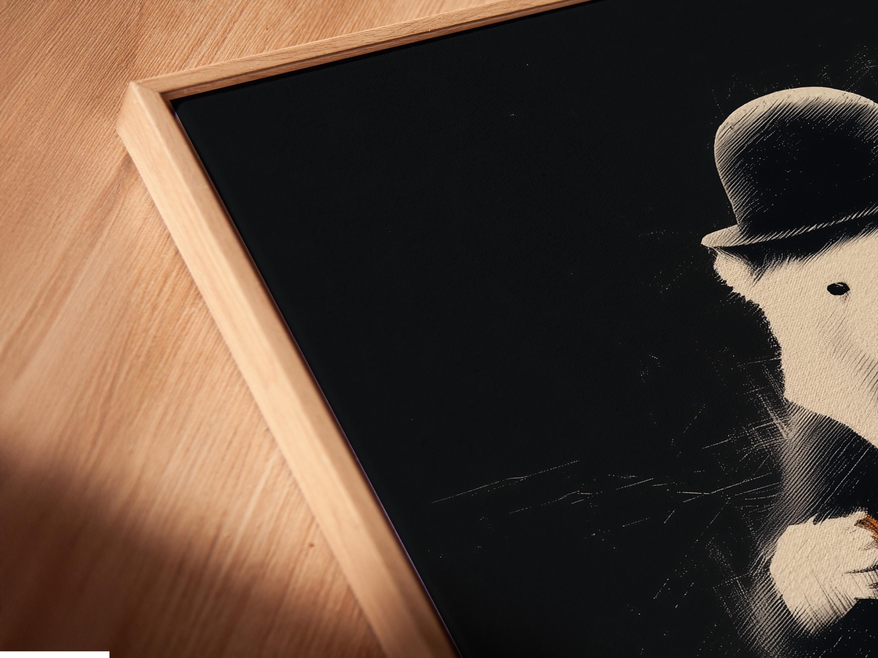 Monochrome polar bear portrait wearing a dark hat and jacket against a textured black background detail view