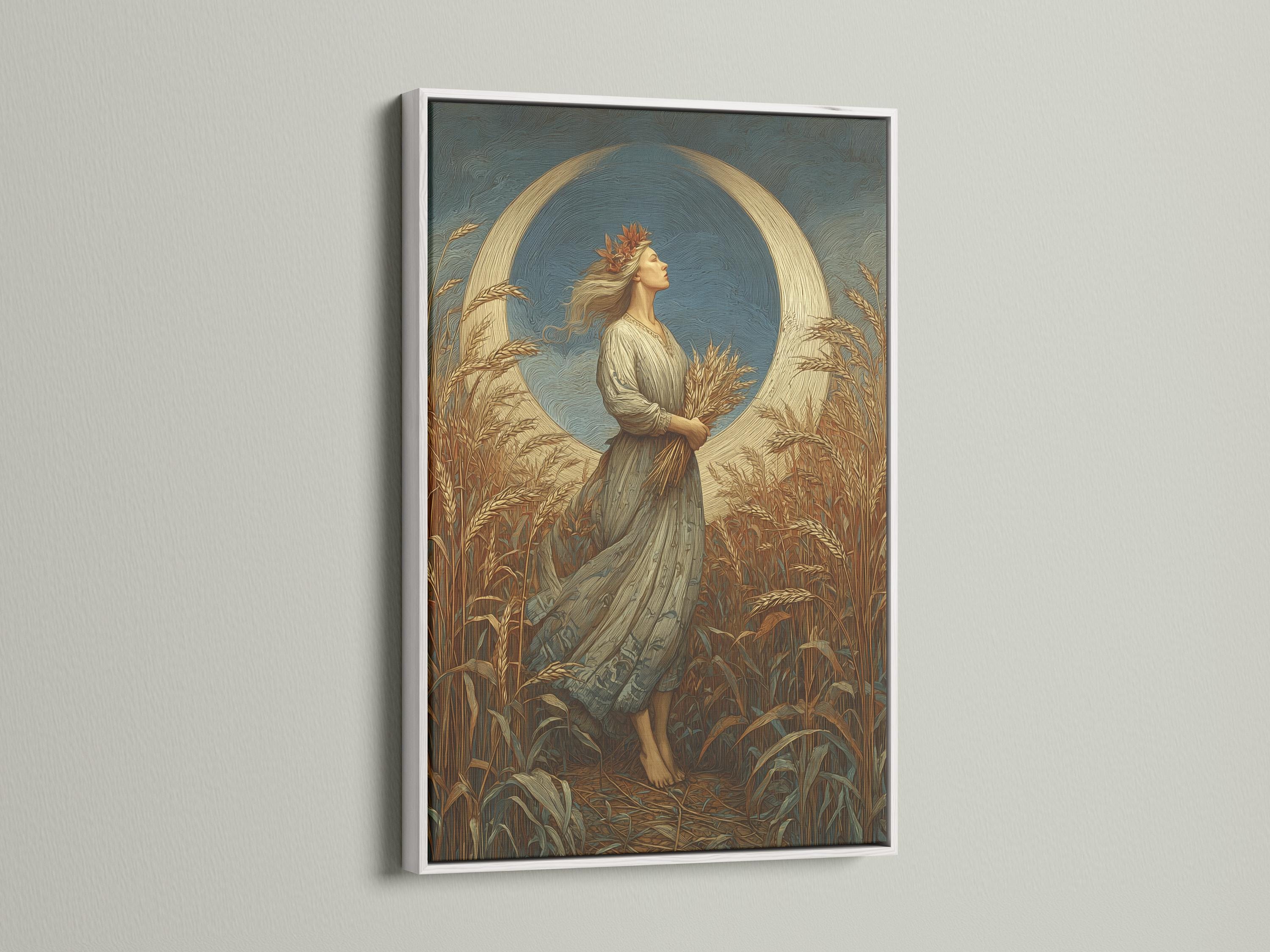 Stylised woman in profile standing in a wheat field with a large moon-like circle behind her detail view