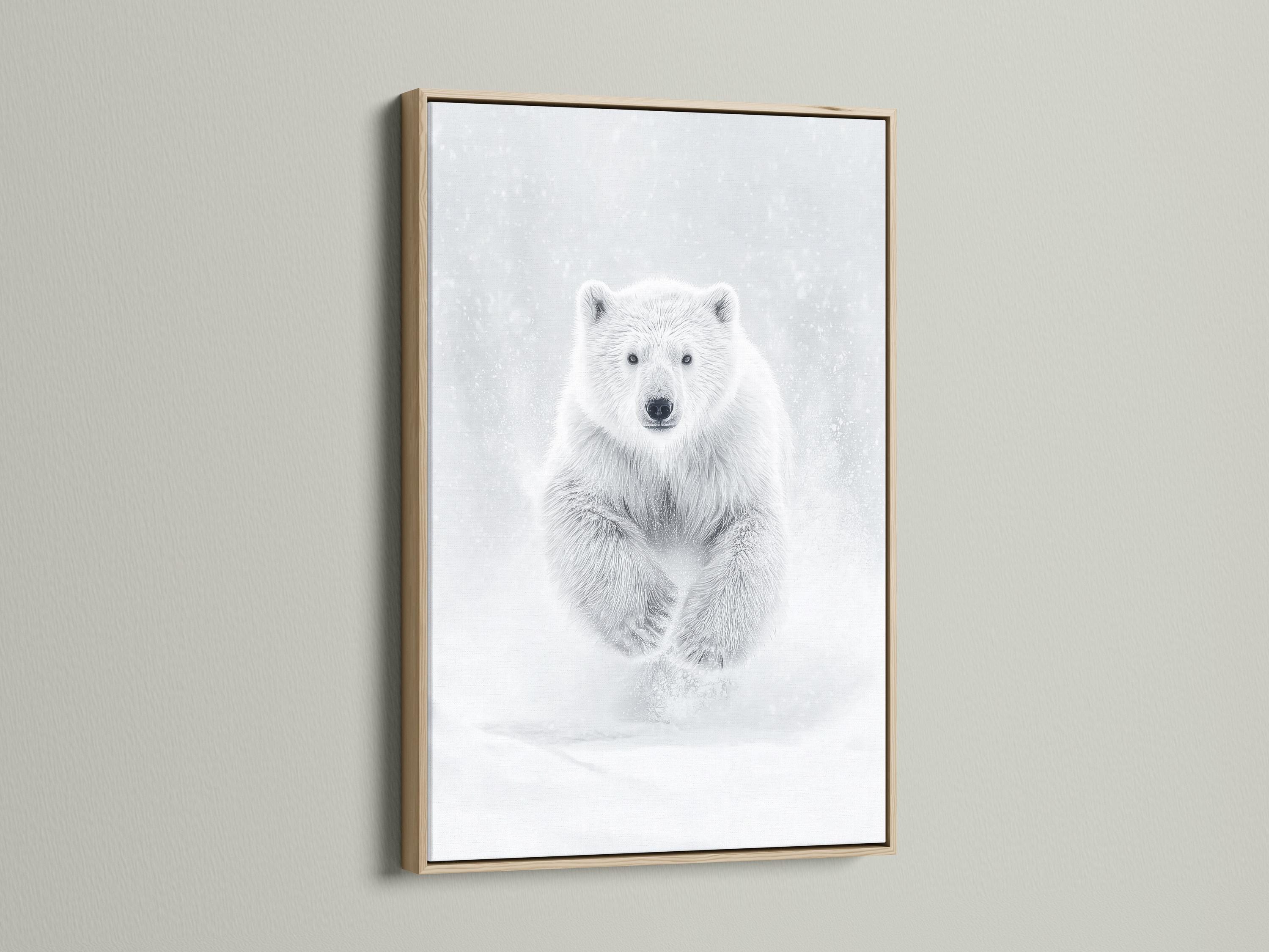 Room mockup showing a framed monochrome polar bear running artwork