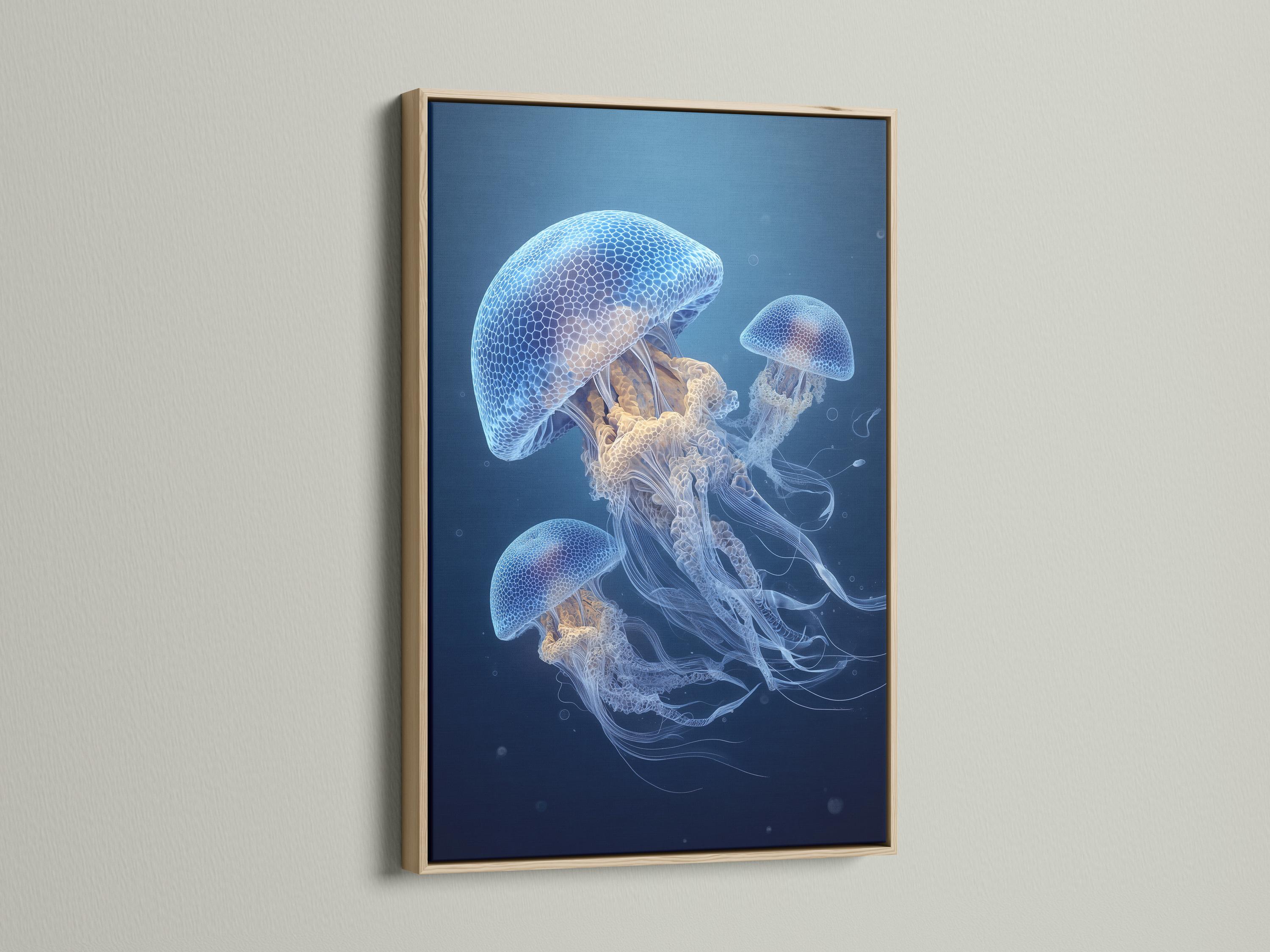 Framed jellyfish underwater artwork on a wall mockup