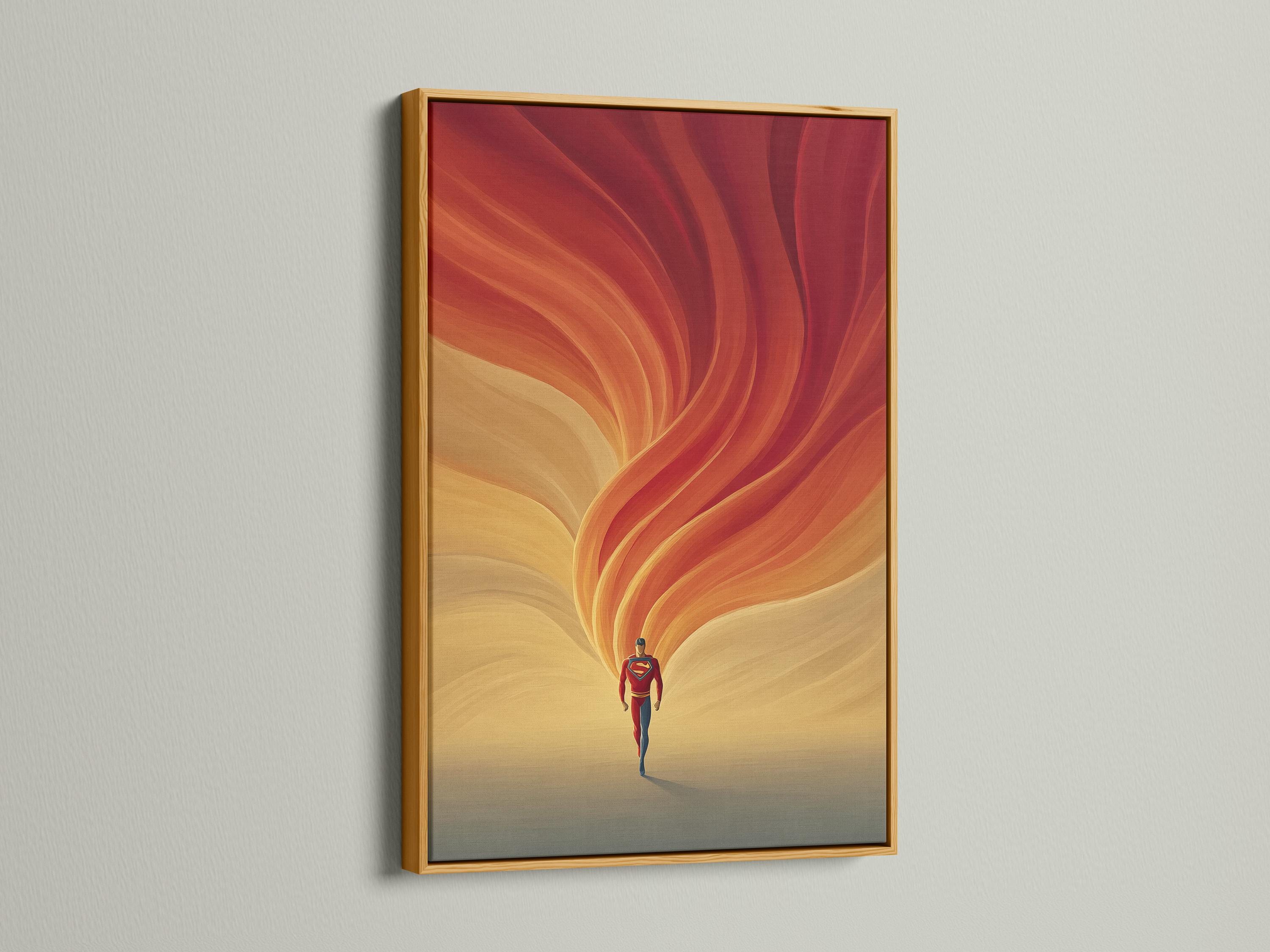 Portrait artwork of a red and blue superhero under warm orange and red energy swirls detail view