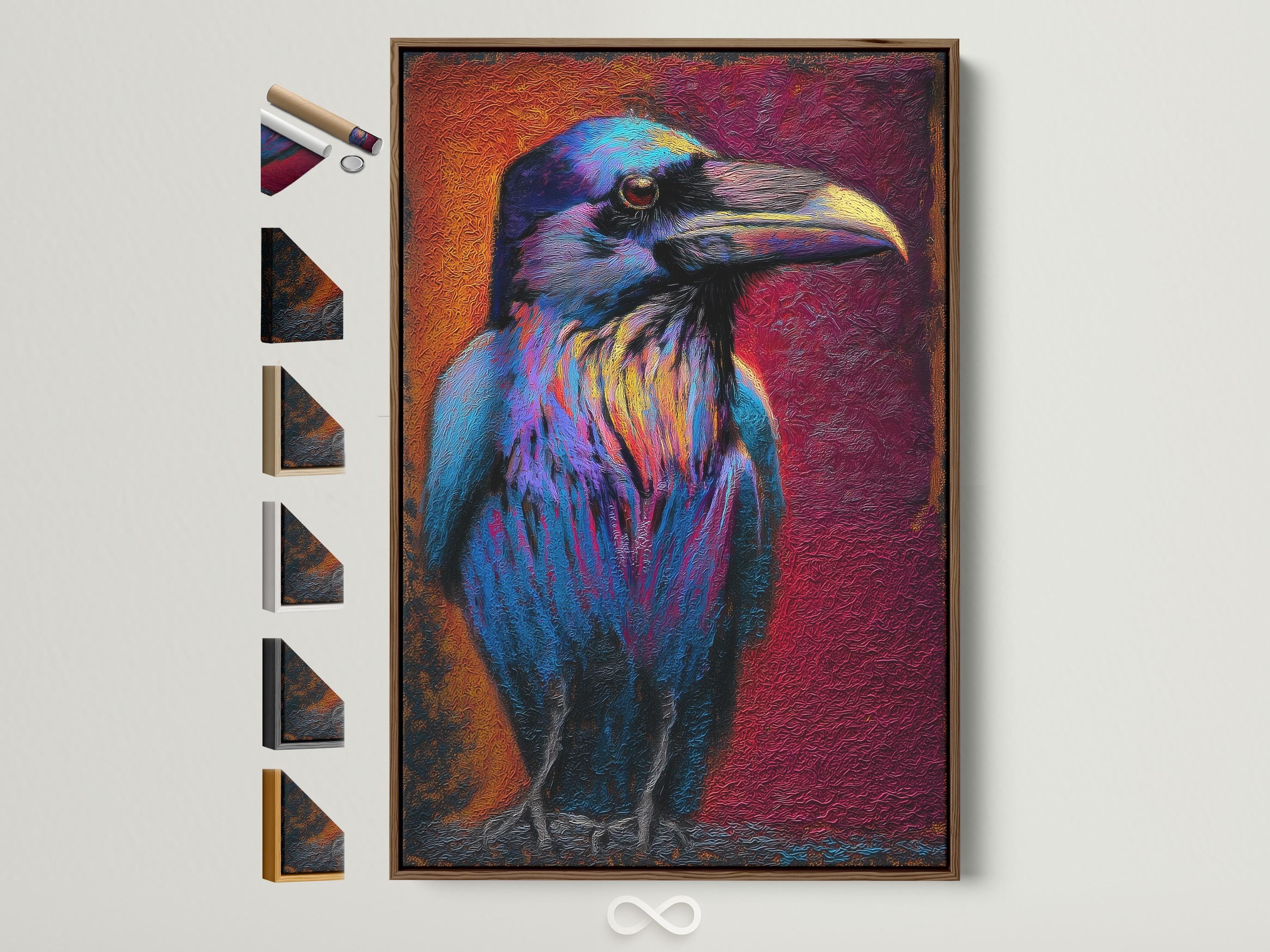 A raven portrait artwork displayed in a barbershop setting