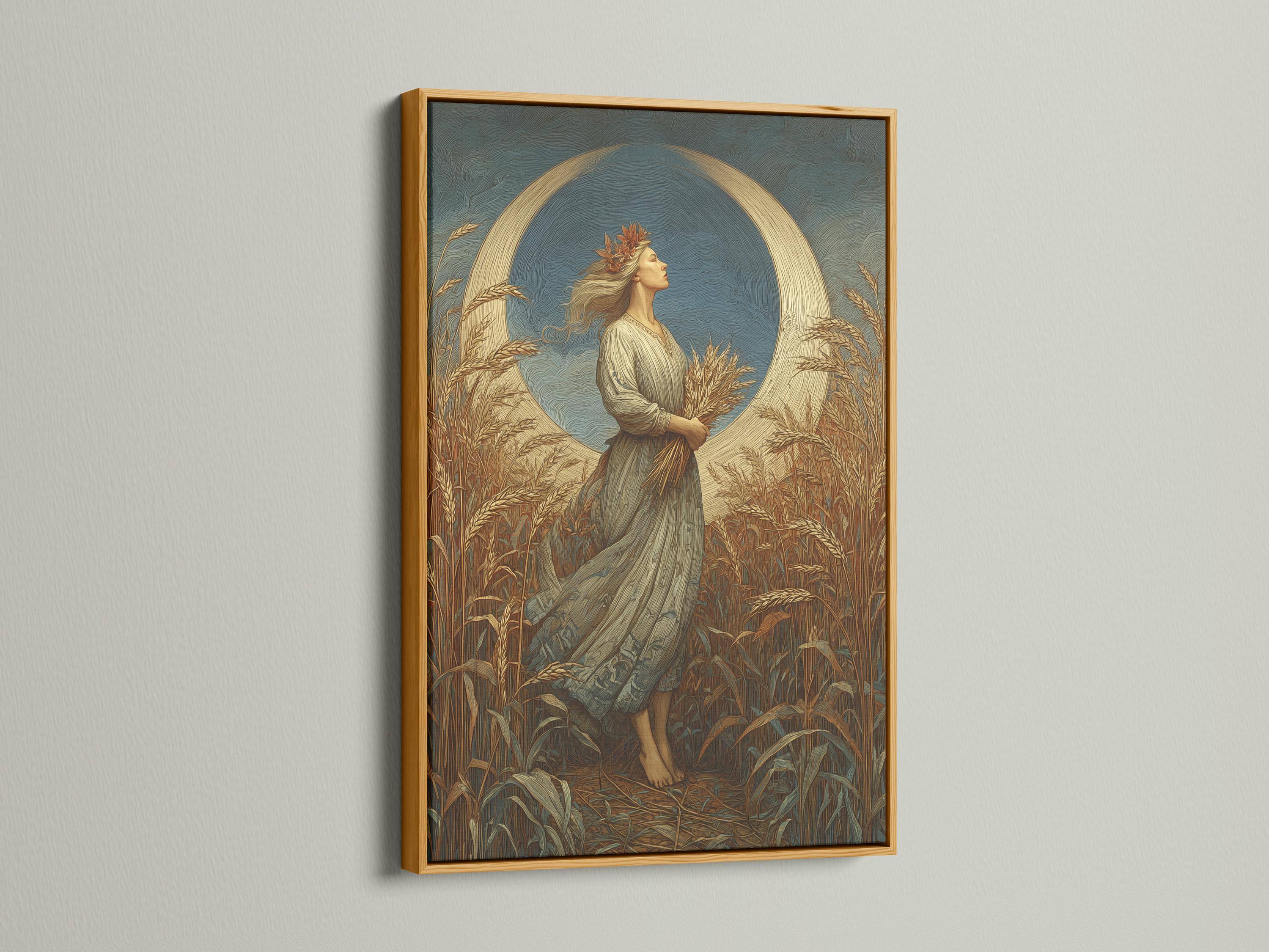 Stylised woman in profile standing in a wheat field with a large moon-like circle behind her detail view