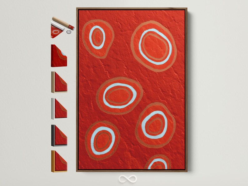 Red abstract artwork with scattered concentric circles in pale blue and copper tones