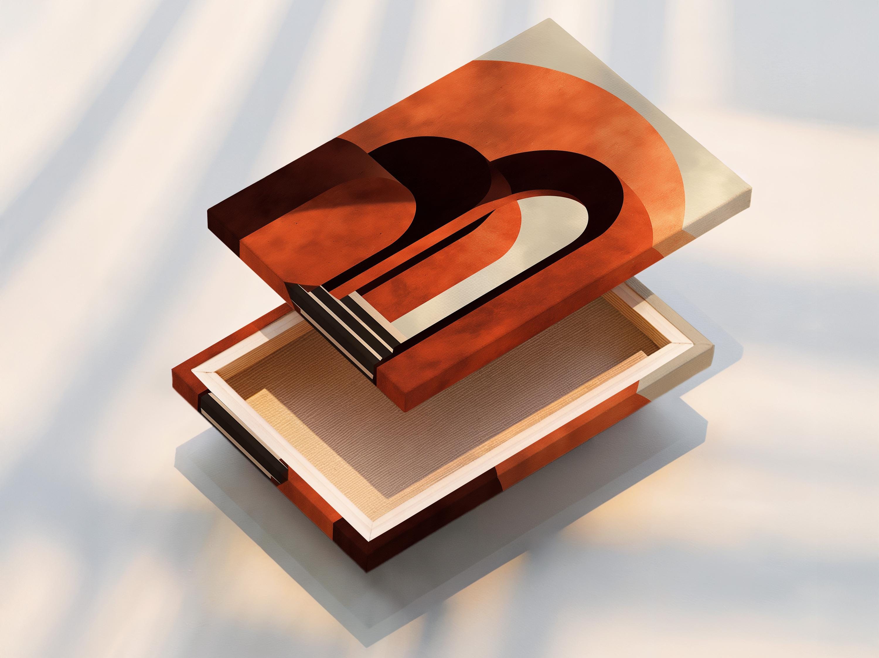 Abstract geometric archway artwork with burnt orange curves and dark charcoal doorway shapes detail view