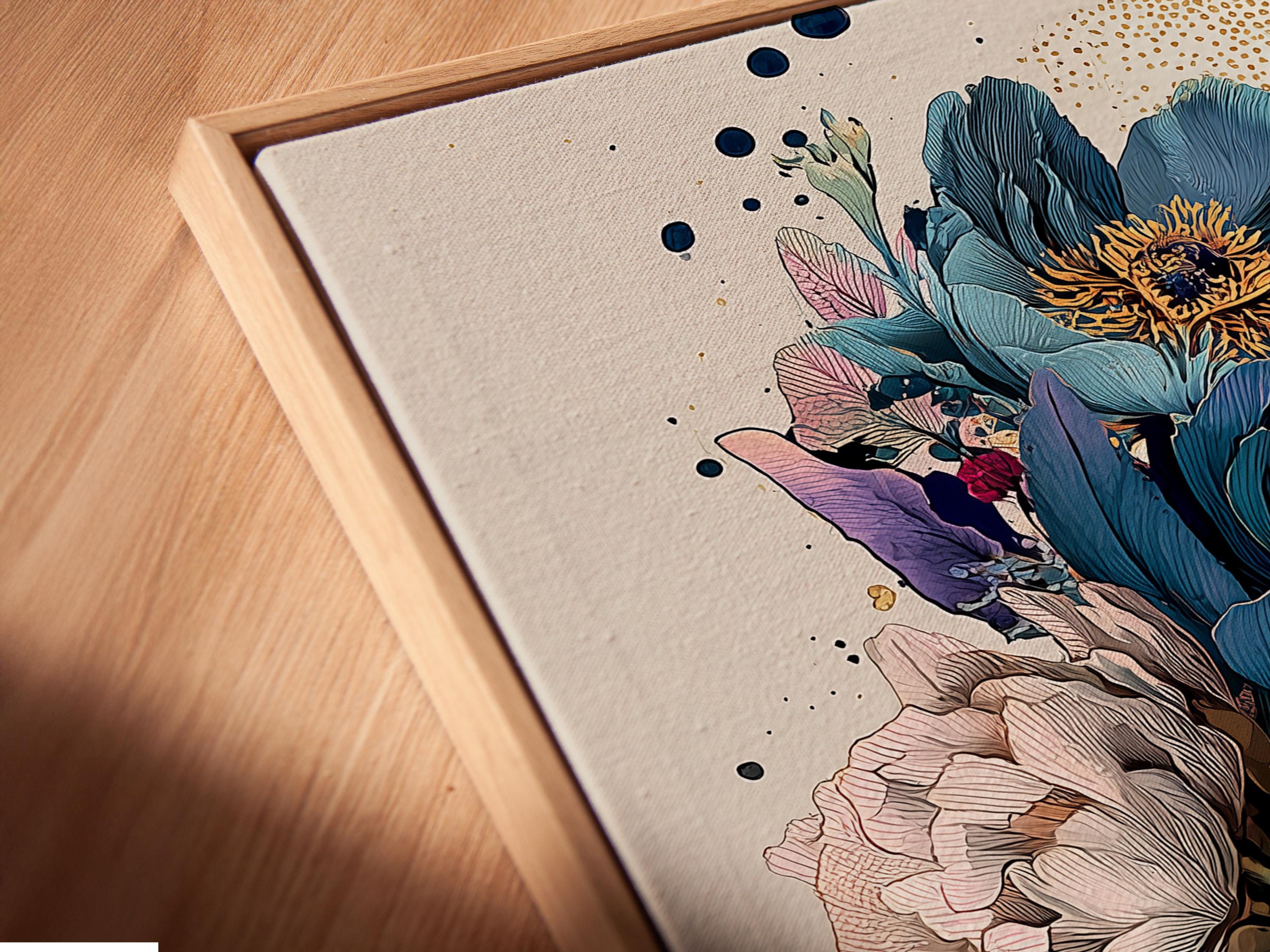 Painterly peony floral illustration with teal foliage, pink petals and subtle gold specks detail view