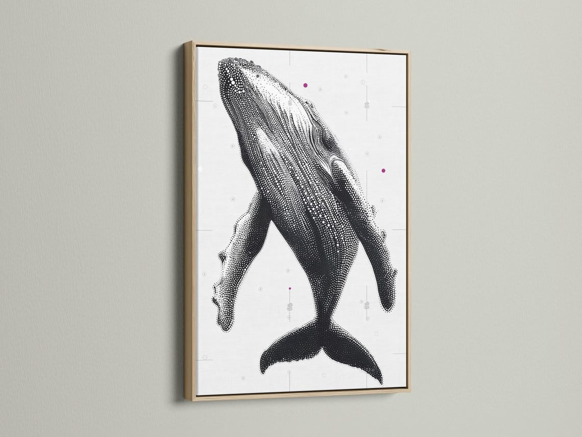 Humpback whale wall art mockup with dotted whale illustration in black and white