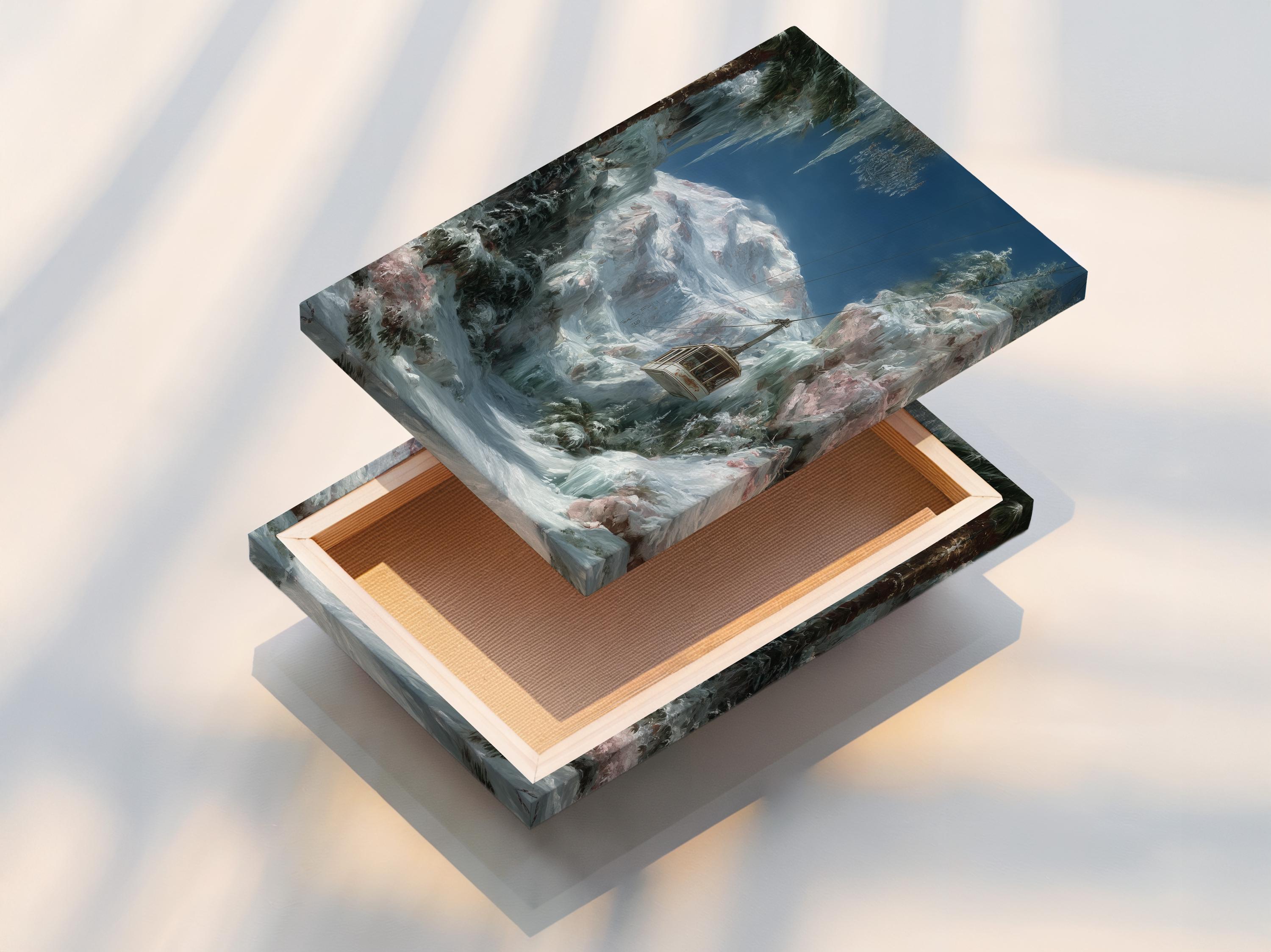 Wall mockup showing a framed snowy mountain cable car artwork on a light background