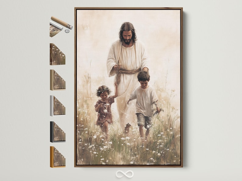Jesus in pale robes with two children in a grassy field with scattered white blossoms