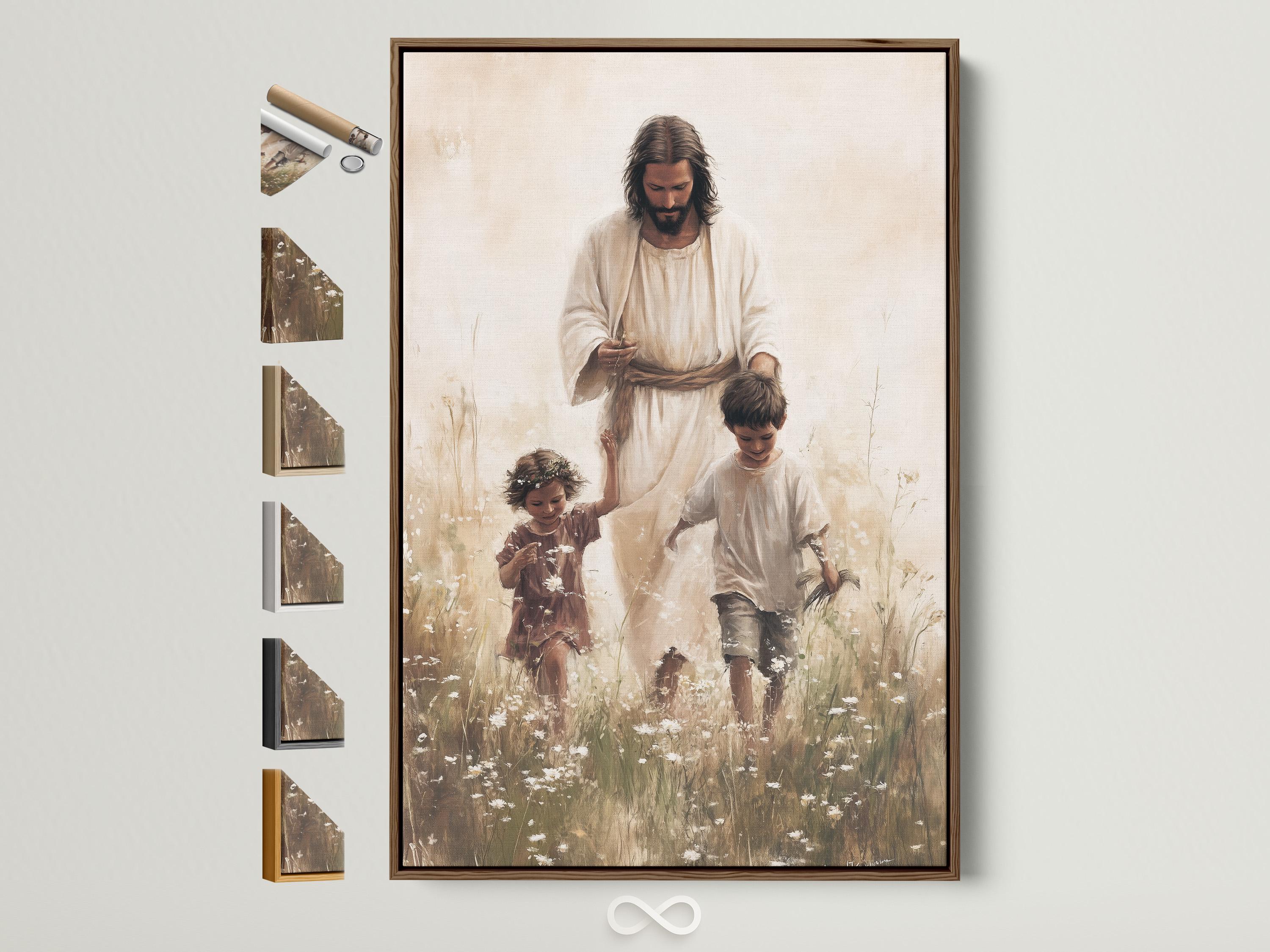 Jesus in pale robes with two children in a grassy field with scattered white blossoms