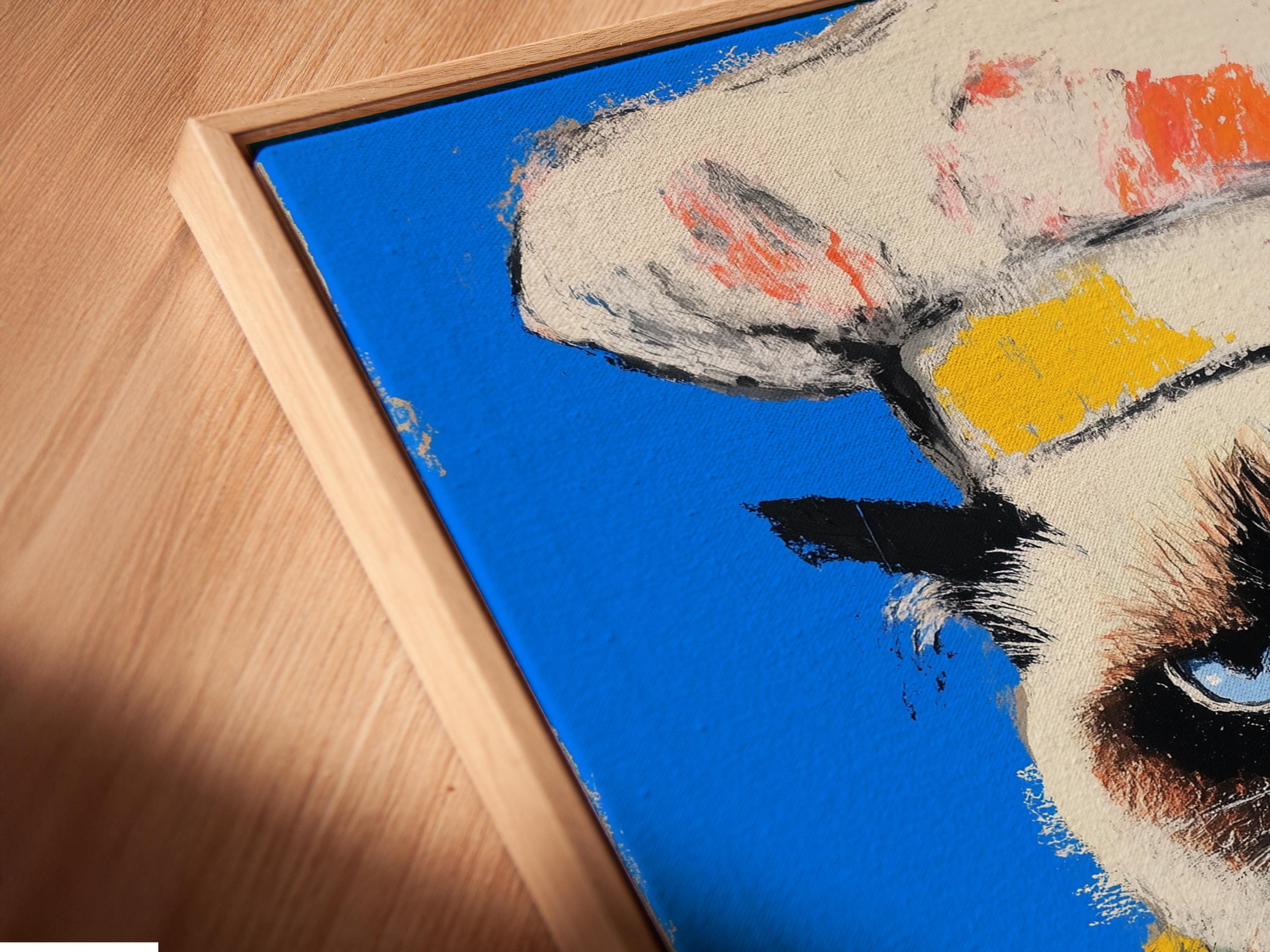 Grumpy cat chef pop art portrait with blue and pink background and a noodle bowl detail view