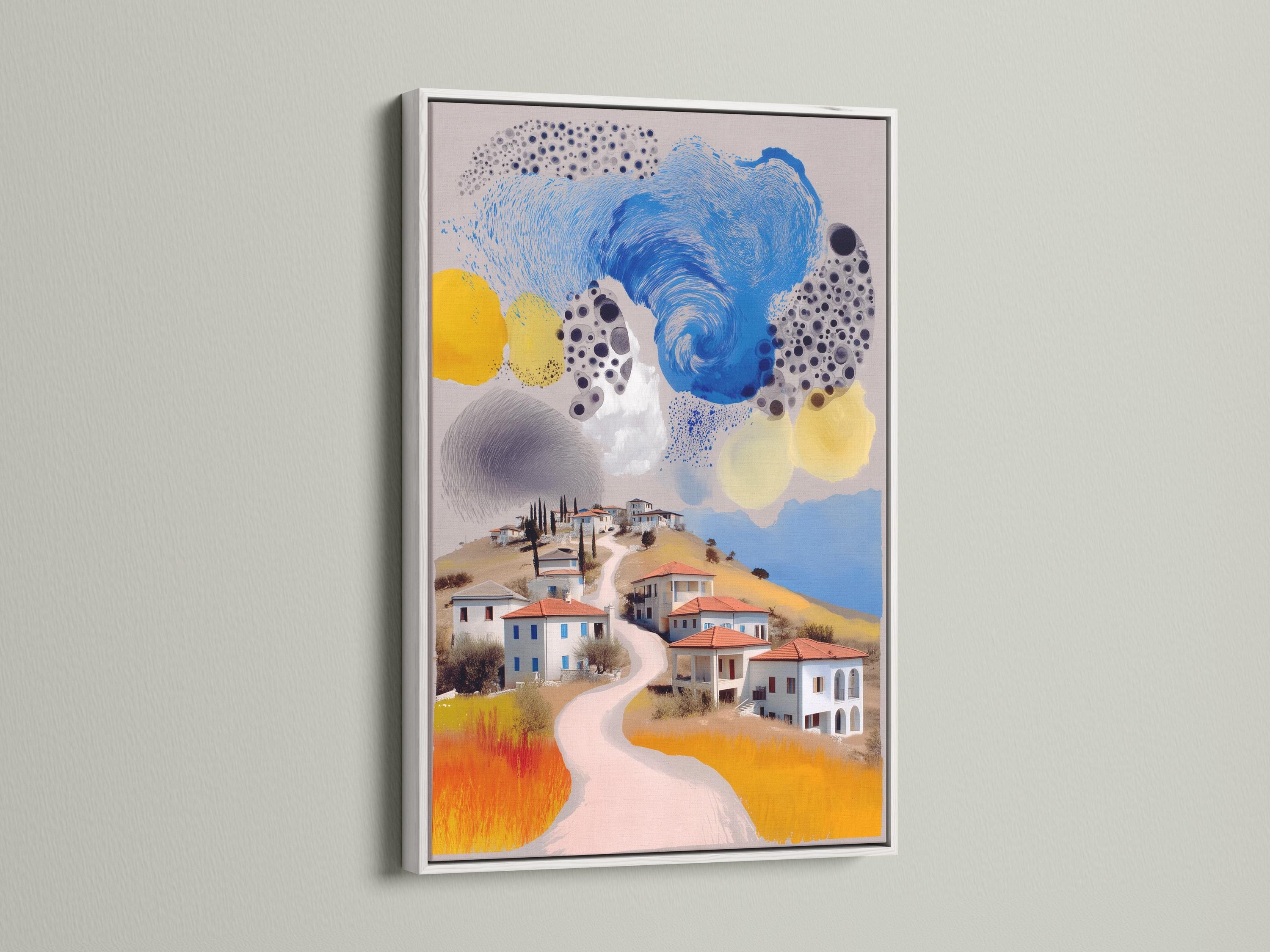 Room mockup featuring a framed stylised village landscape artwork with a swirling blue sky