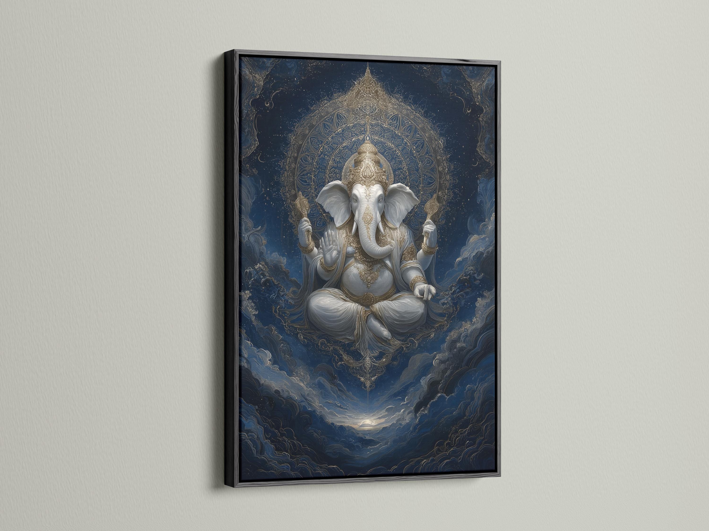 Indigo and gold seated elephant-headed deity with ornate halo and swirling clouds detail view