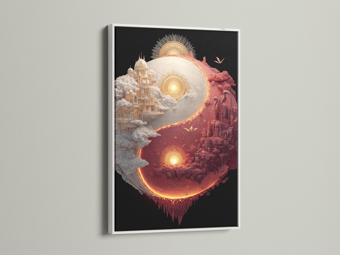 Yin-yang celestial cityscape with coral and ivory clouds, glowing orbs, and birds in flight detail view