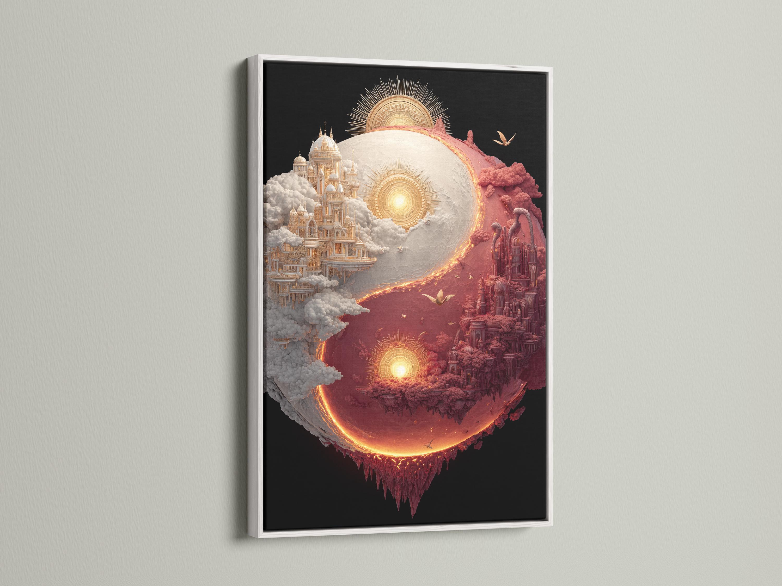 Yin-yang celestial cityscape with coral and ivory clouds, glowing orbs, and birds in flight detail view