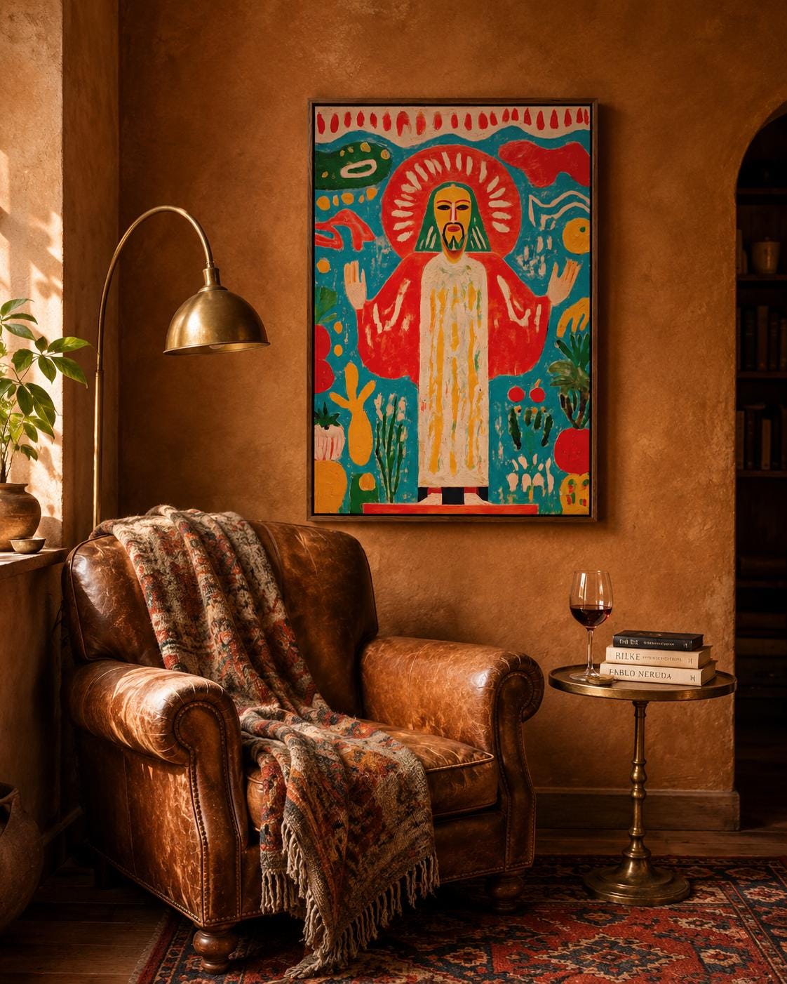 Religious sacred figure artwork displayed above a decorative console in a living room