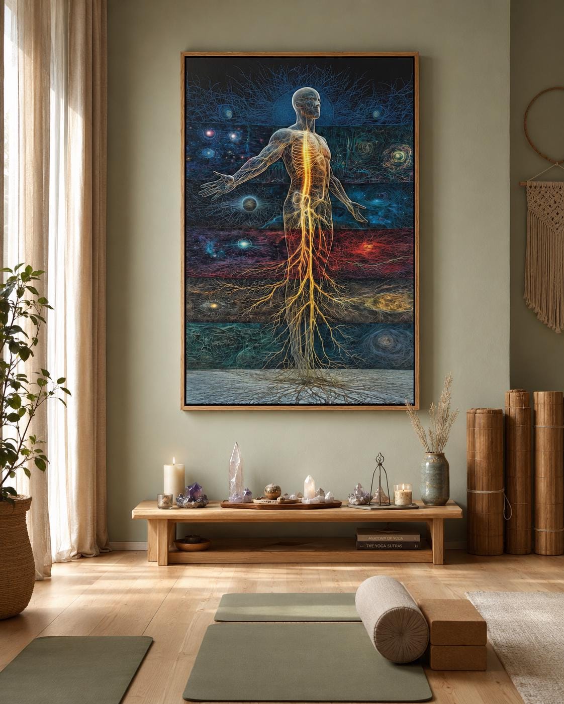 Woman standing beside a framed artwork showing a glowing energy human figure in blue, teal and red