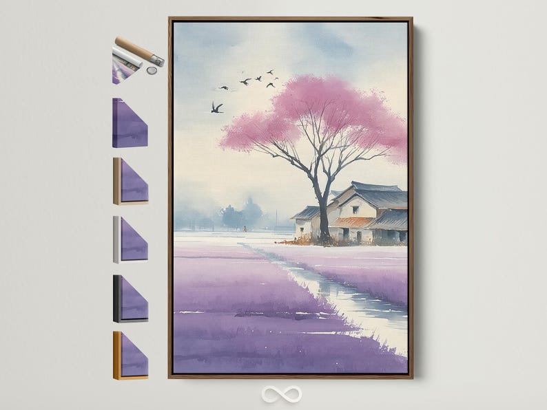 Blossoming pink cherry blossom tree landscape with birds and distant houses
