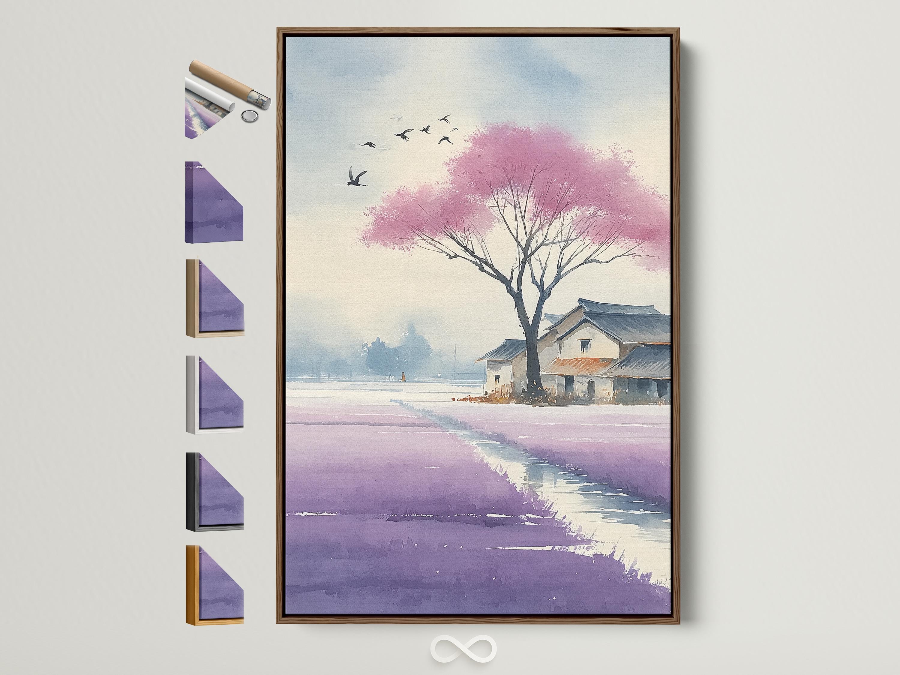 Blossoming pink cherry blossom tree landscape with birds and distant houses