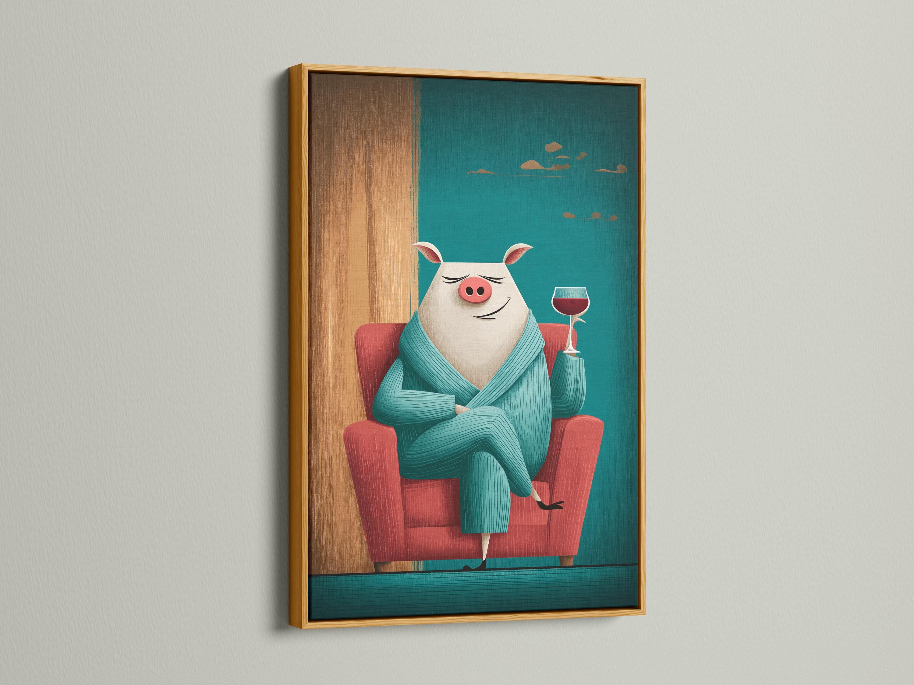 Illustration of a smiling pig in a teal jumper holding a wine glass detail view
