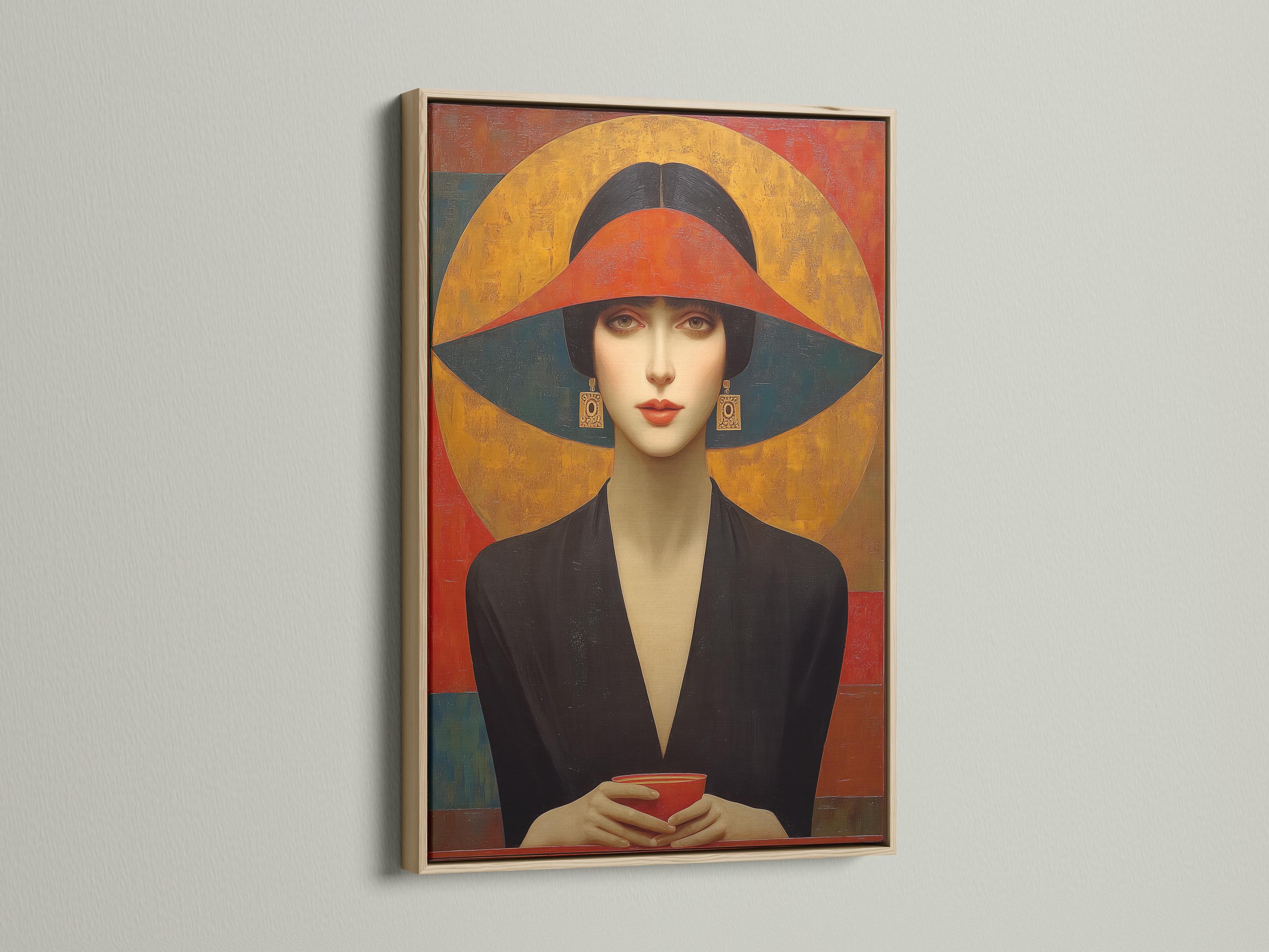 Stylised woman portrait in a dark hat with Art Deco geometric shapes in gold, red and black detail view