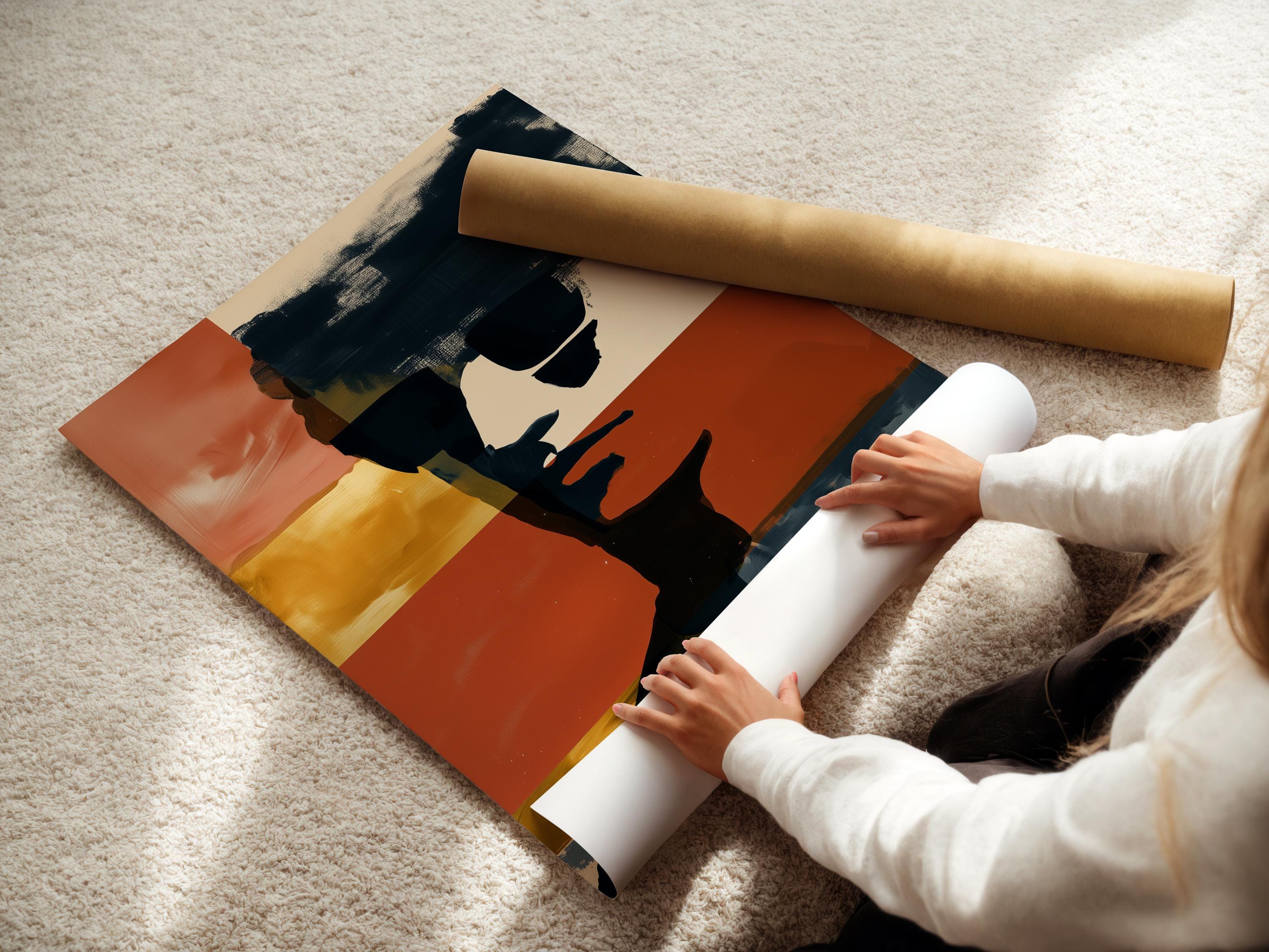 Abstract portrait silhouette with terracotta, cream and navy colour bands detail view