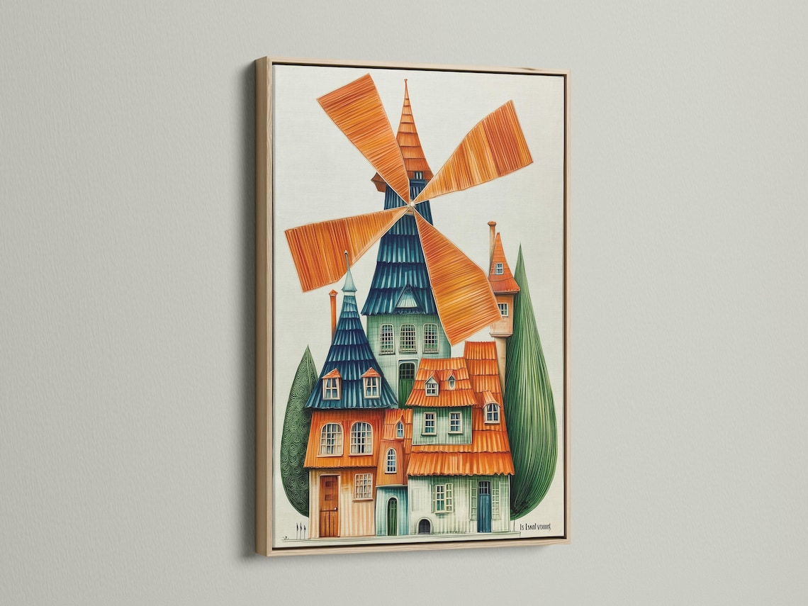Illustrated windmill scene with orange blades and a blue-green house detail view