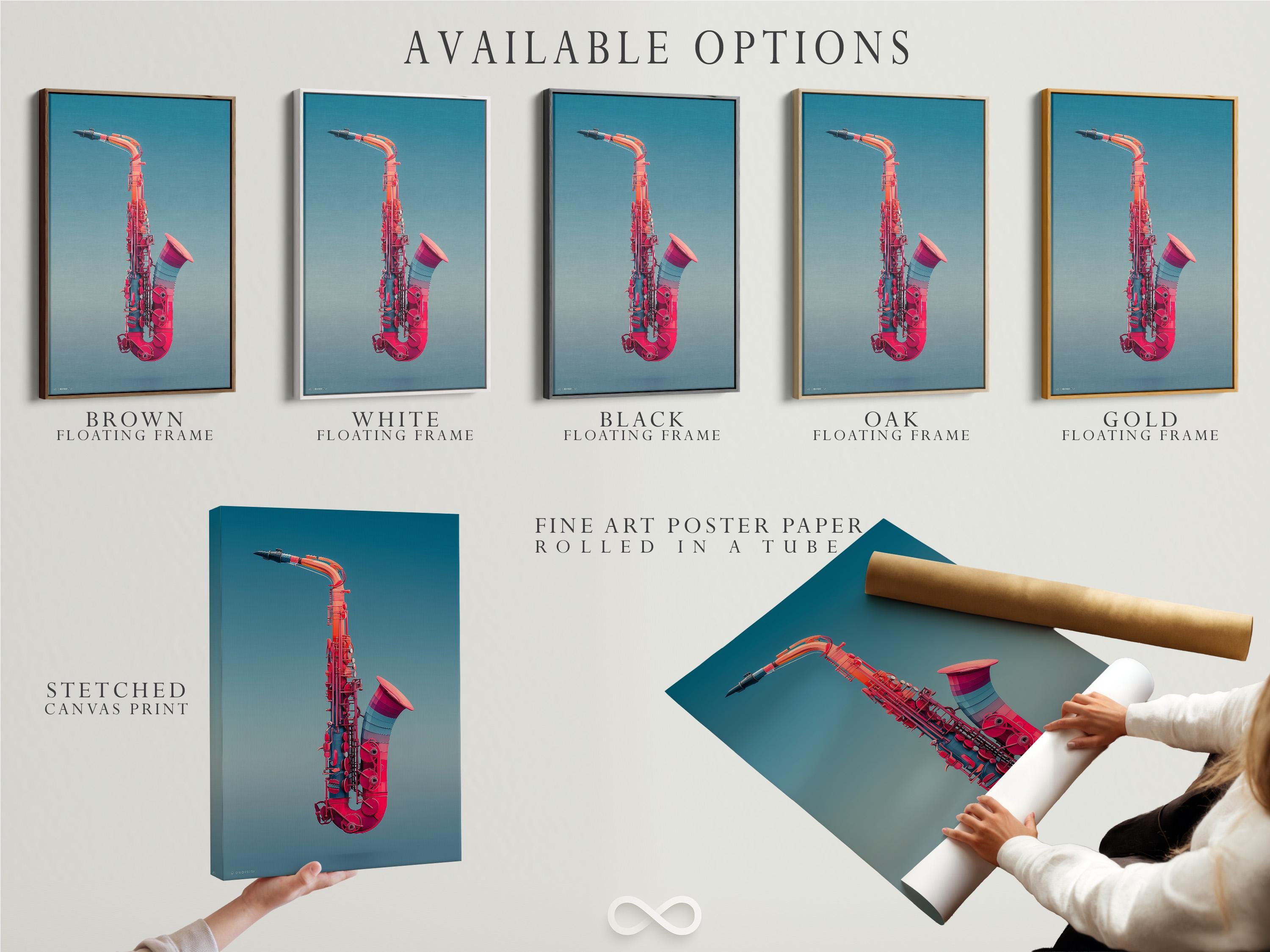 Stylised saxophone illustration in red on a teal-blue background detail view