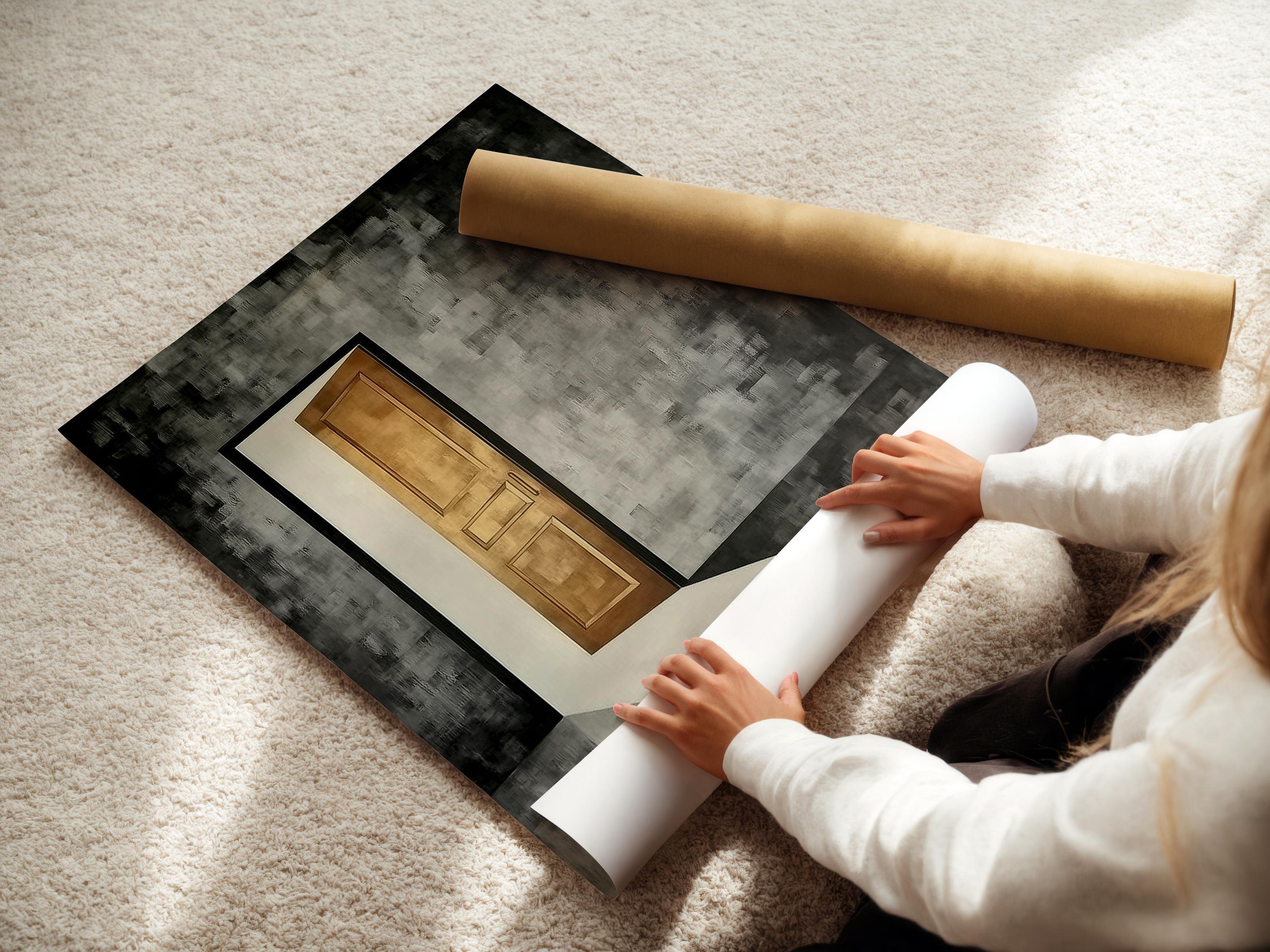 Abstract doorway with warm gold glow in a textured charcoal and grey corridor scene detail view