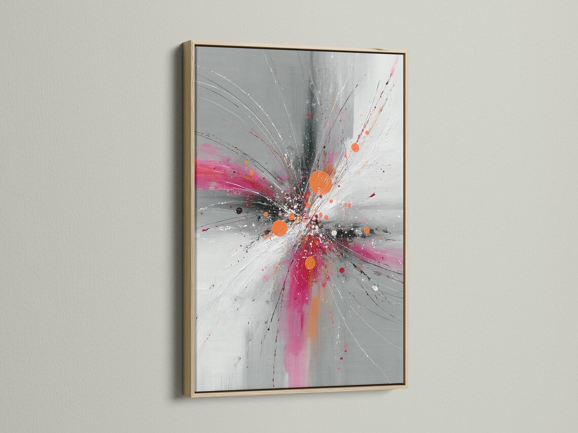 Abstract burst artwork with radiating grey and white lines, pink splashes and orange circular accents detail view