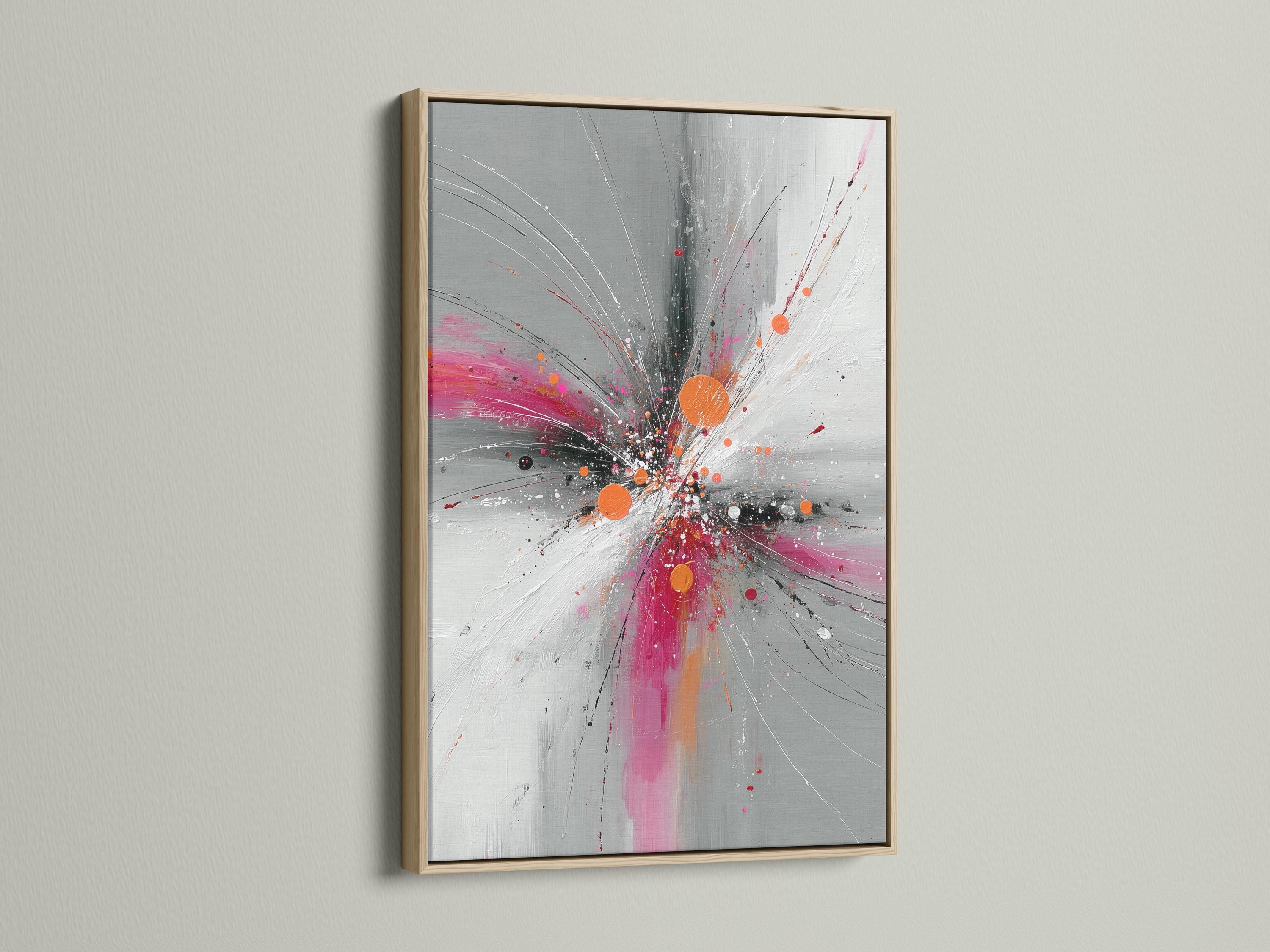 Abstract burst artwork with radiating grey and white lines, pink splashes and orange circular accents detail view